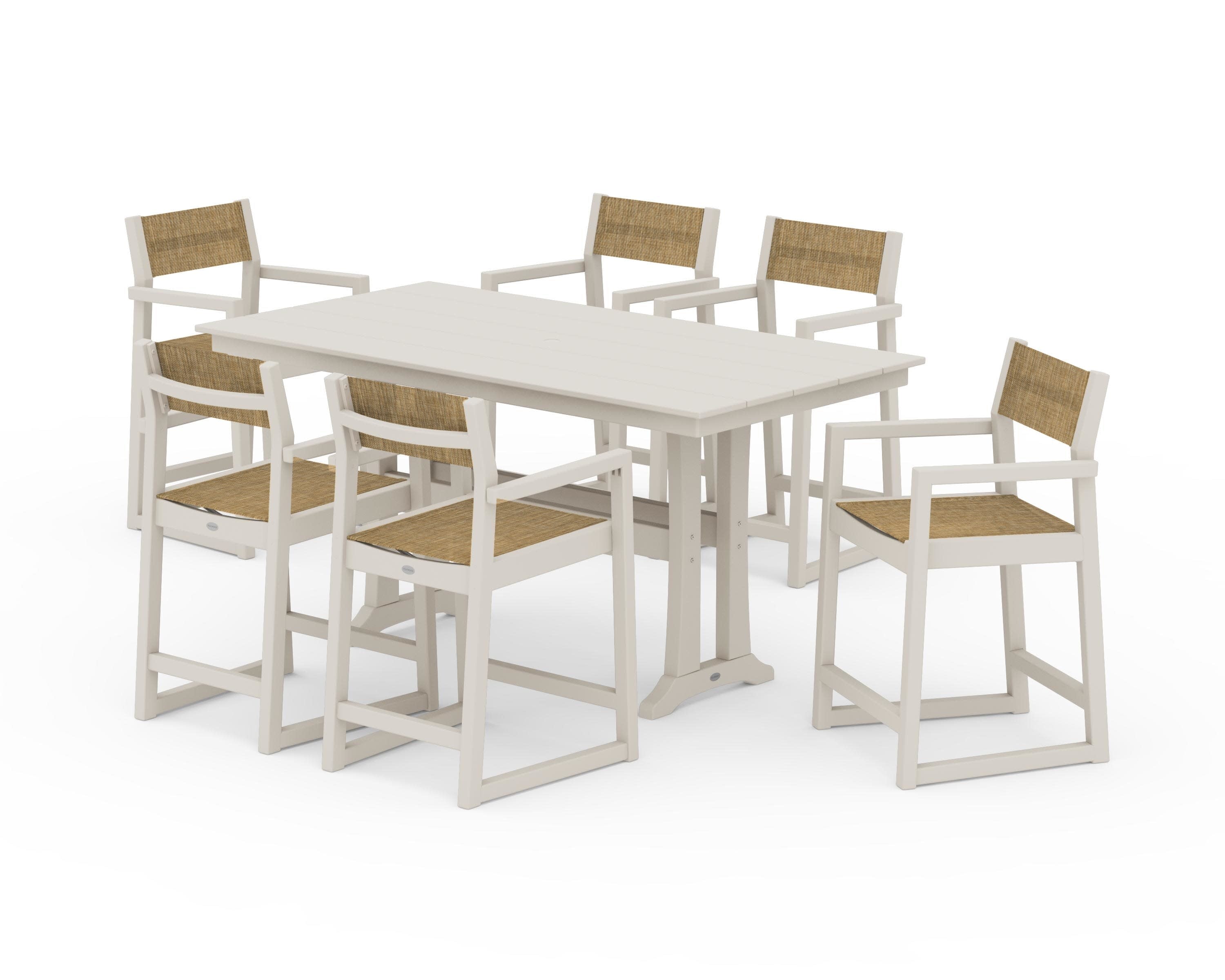 EDGE Sling Arm Chair 7-Piece Farmhouse Counter Set with Trestle Legs in Sand / Burlap Sling