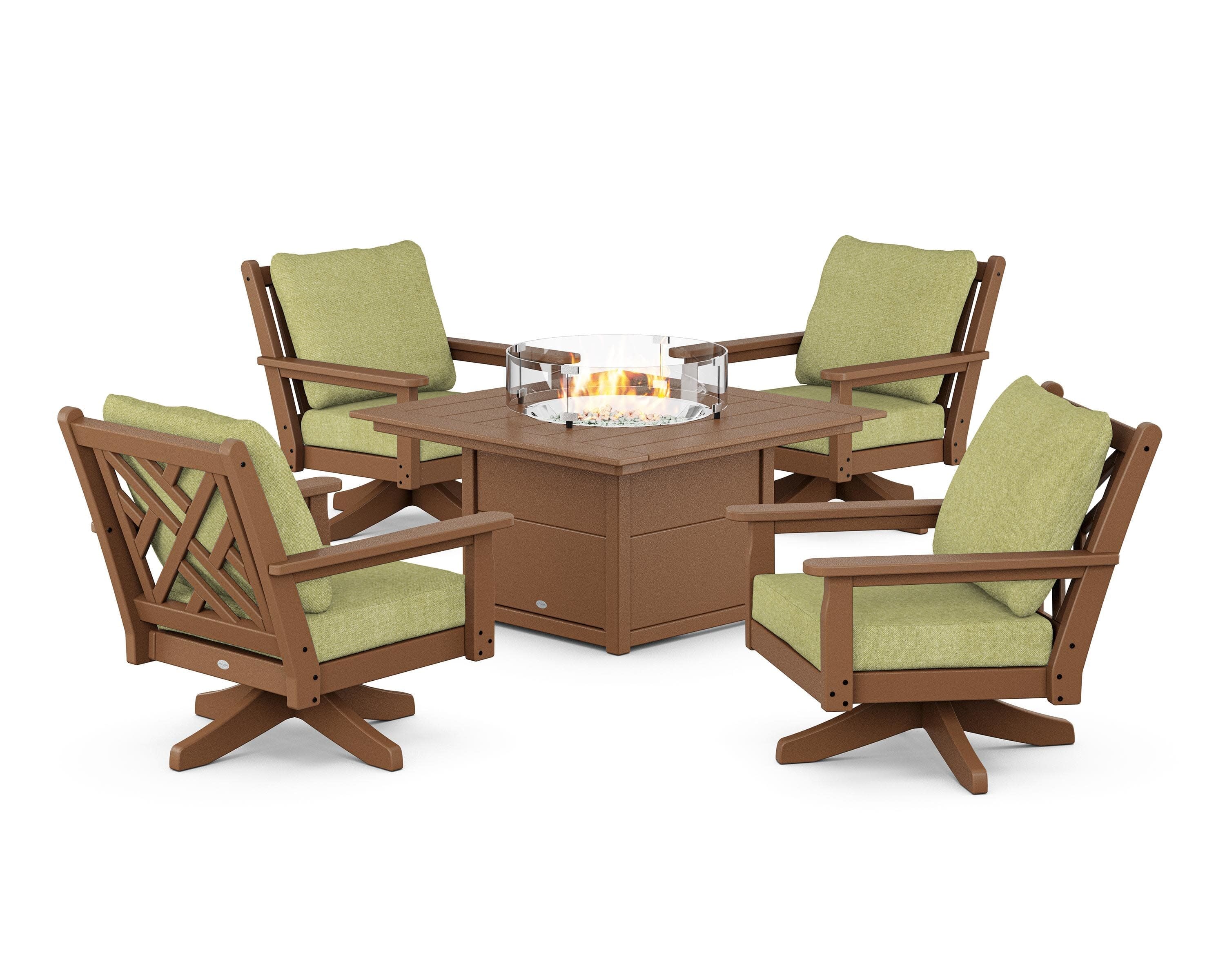 Chippendale 5-Piece Deep Seating Swivel Conversation Set with Fire Pit Table in Teak / Chartreuse Boucle