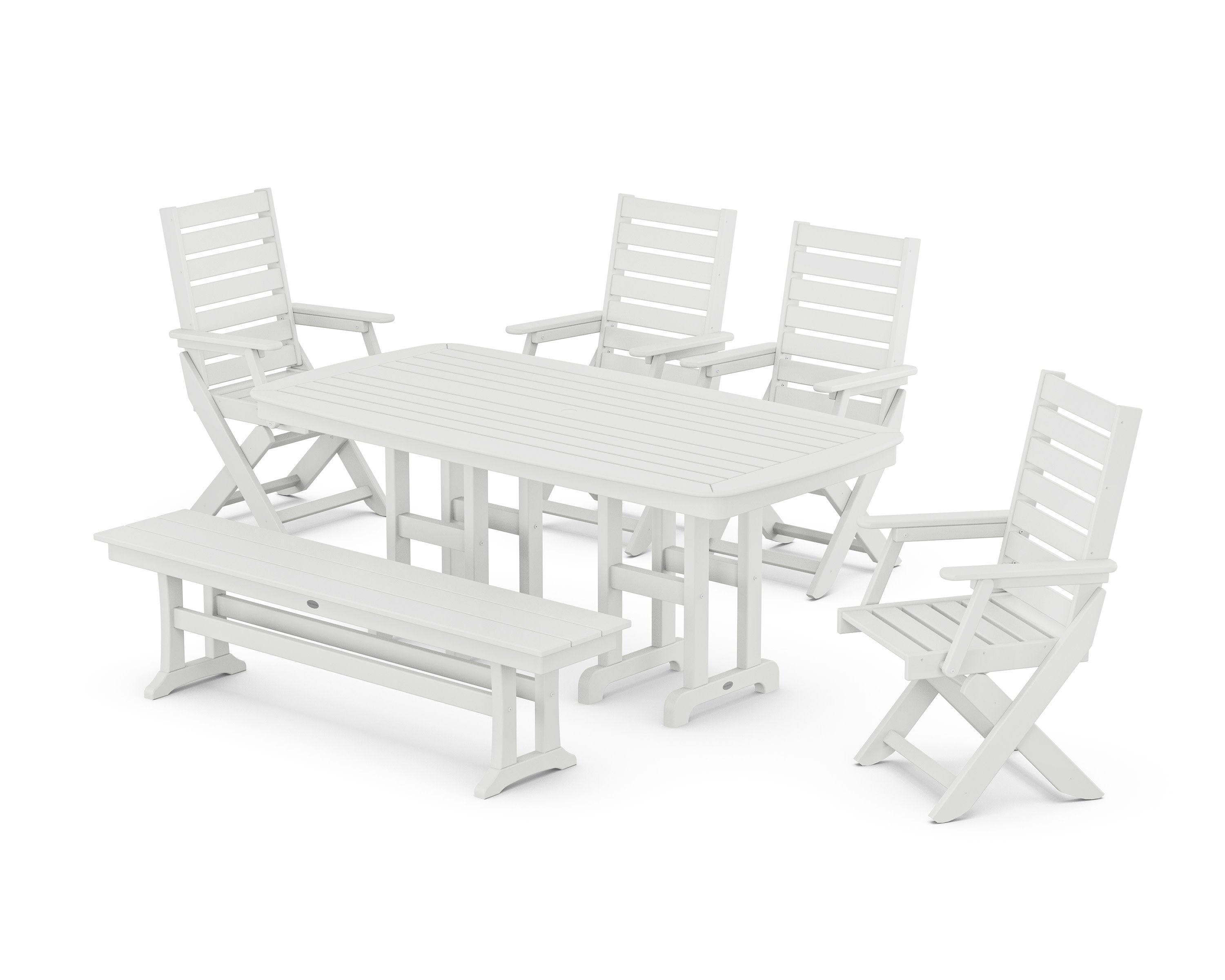 Captain Folding Chair 6-Piece Dining Set with Bench in White
