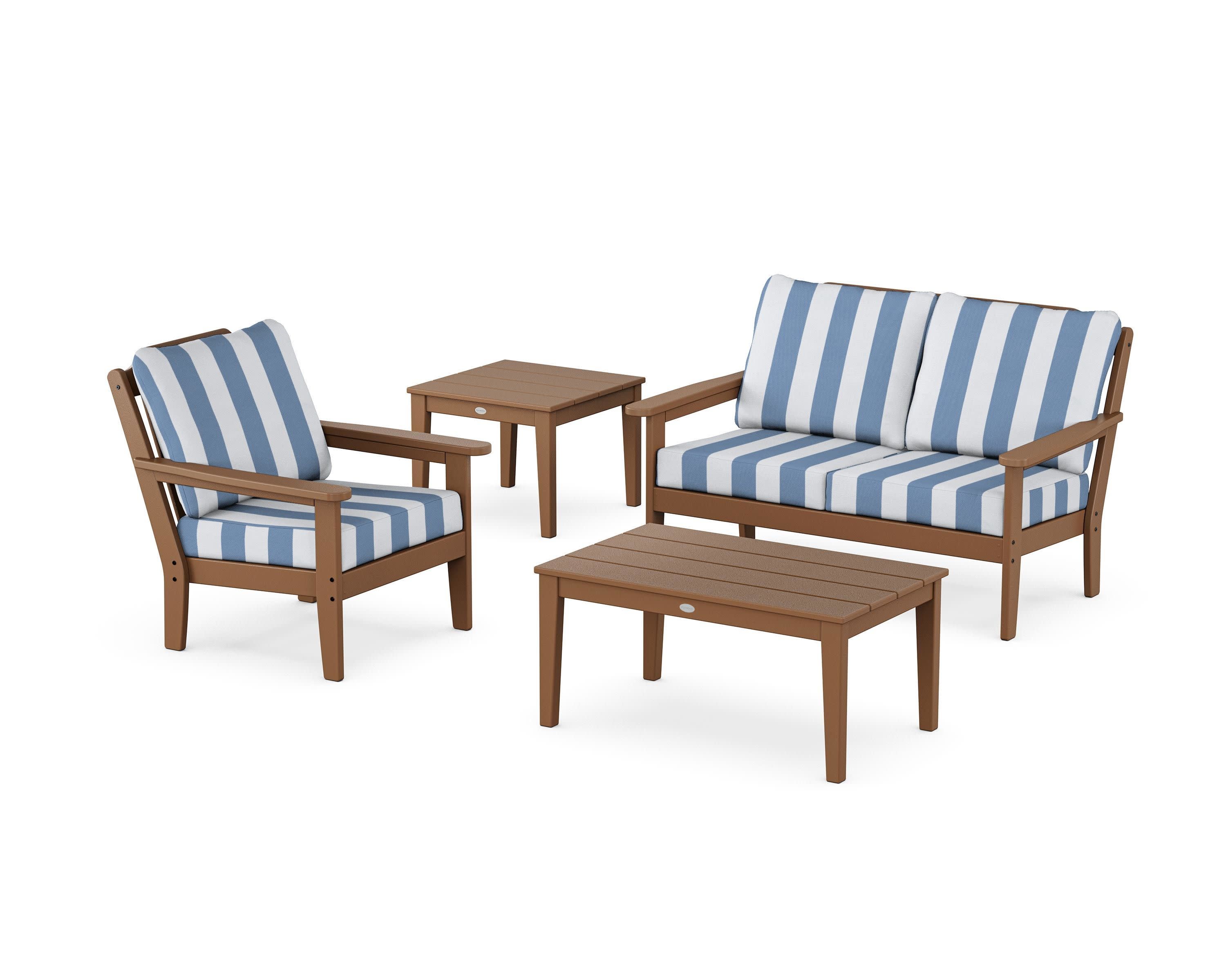 Wovendale 4-Piece Deep Seating Set in Teak / Cabana Stripe Sky Blue