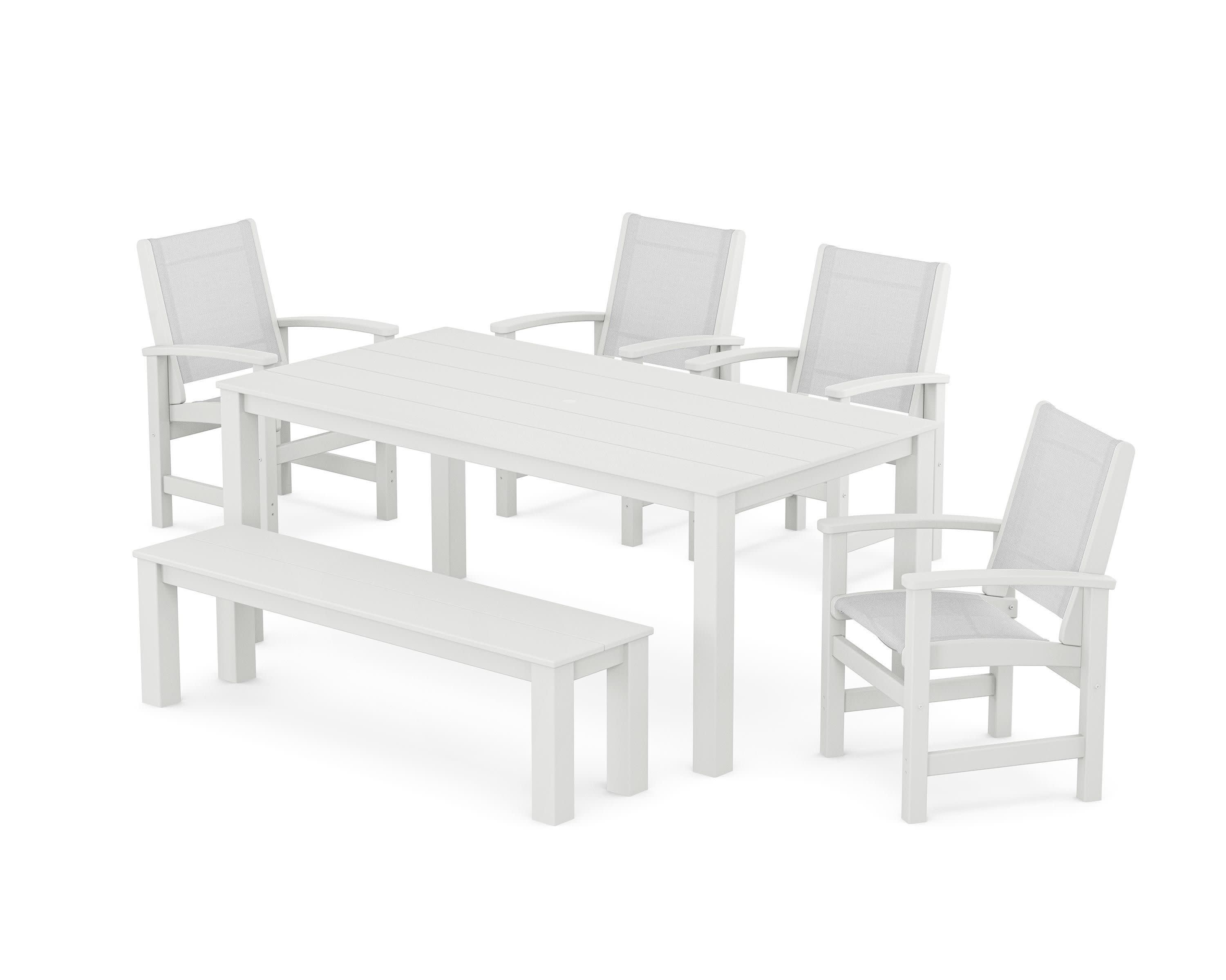 Coastal 6-Piece Parsons Dining Set with Bench in White / White Sling