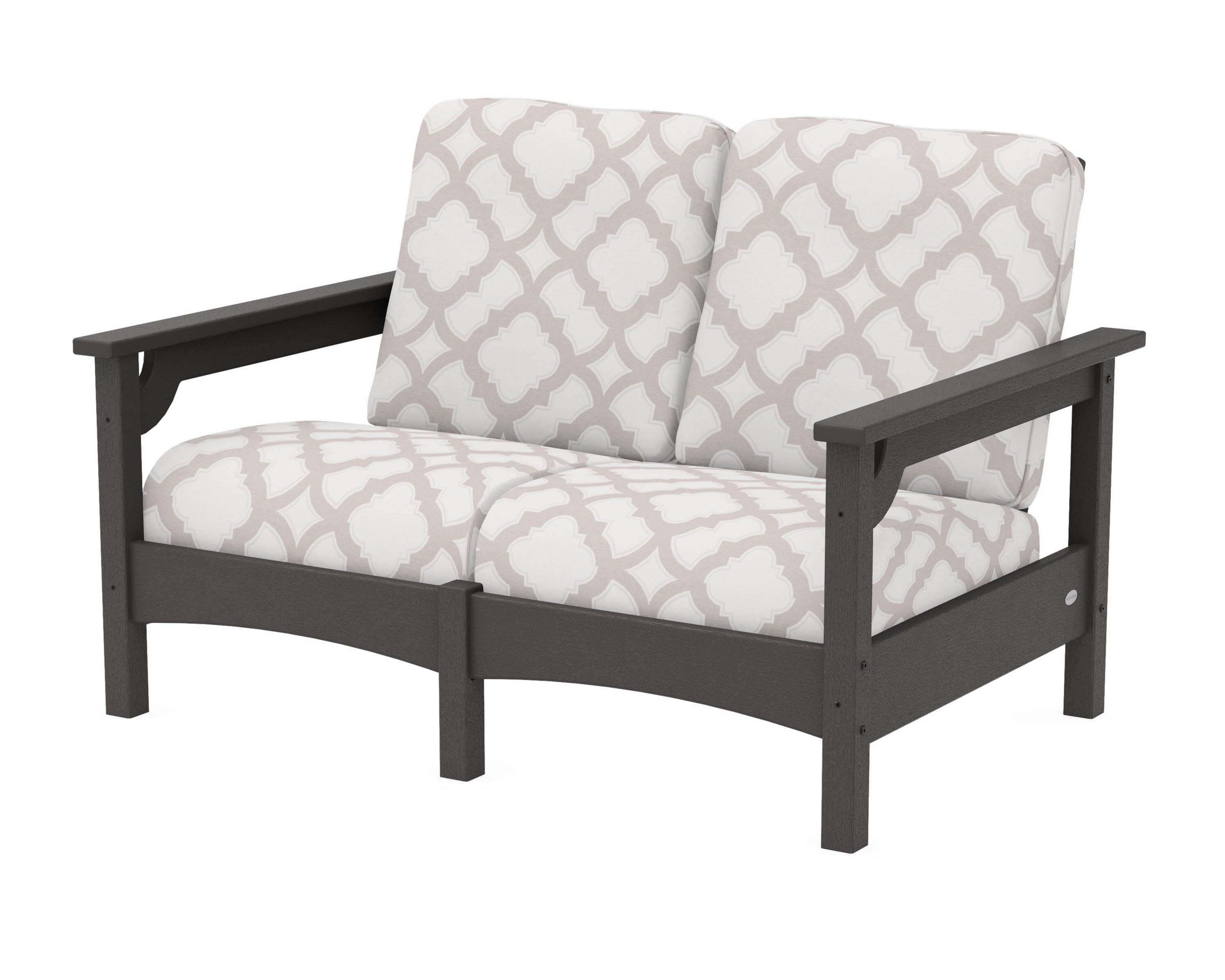Club Loveseat in Vintage Coffee / Trellis Dune Burlap