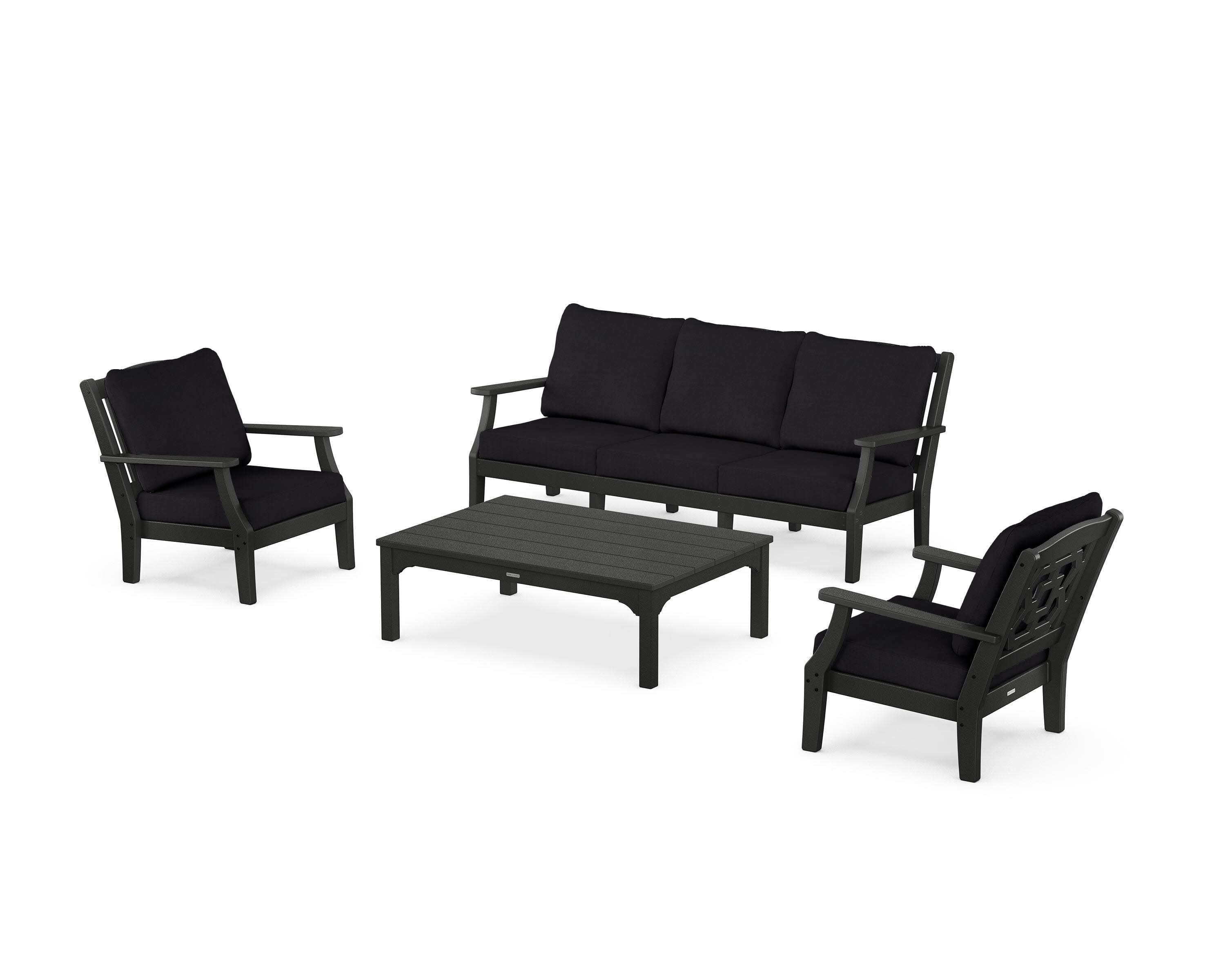 Chinoiserie 4-Piece Deep Seating Set with Sofa in Black / Midnight Linen