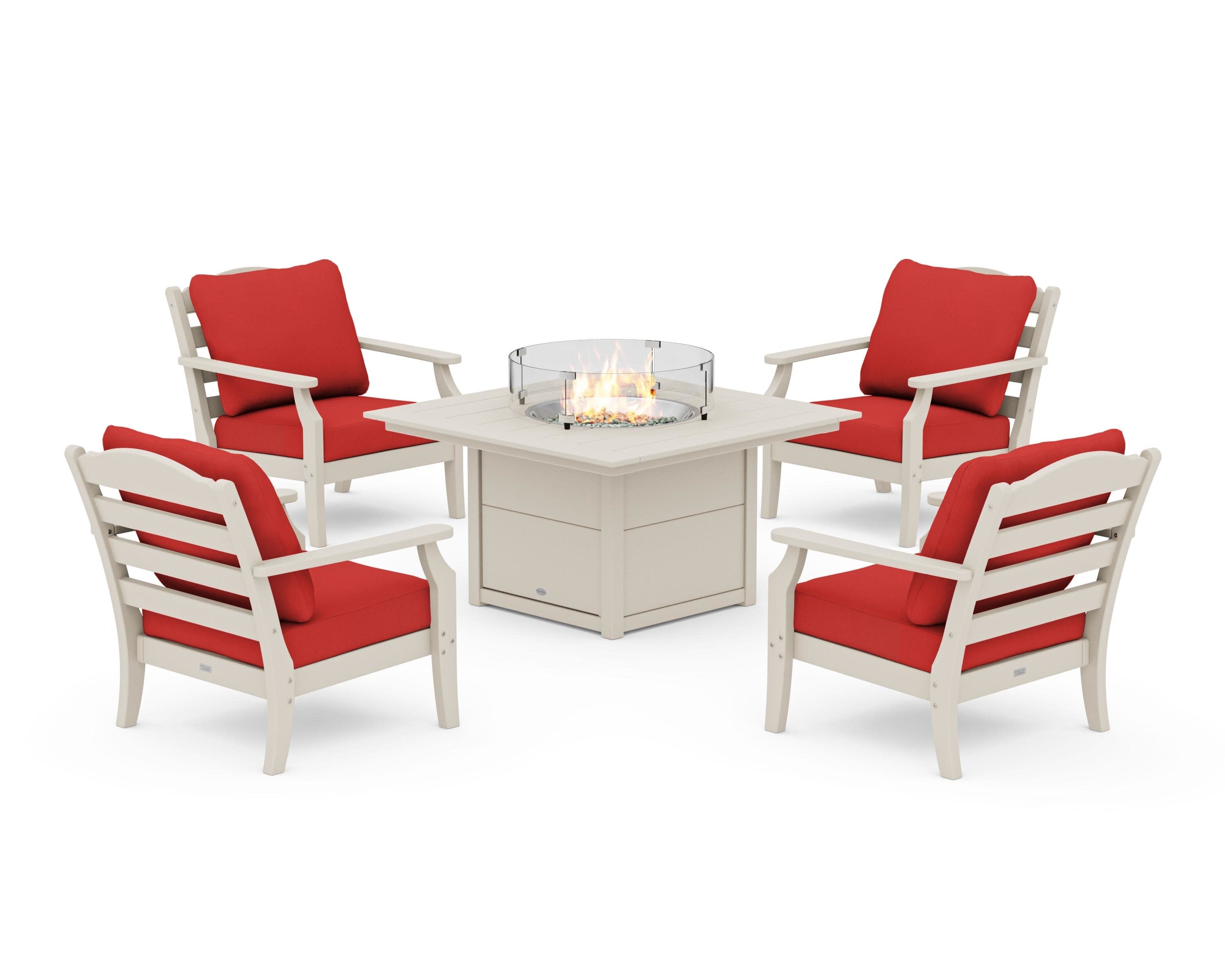 Savannah 5-Piece Deep Seating Set with Fire Pit Table in Sand / Crimson Linen