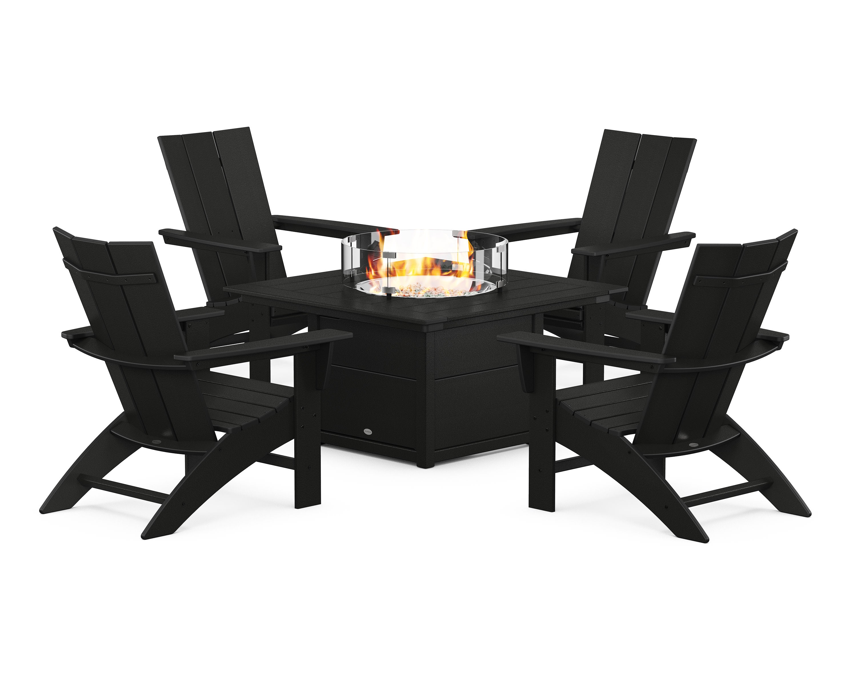 Modern Curveback Adirondack 5-Piece Conversation Set with Fire Pit Table in Black