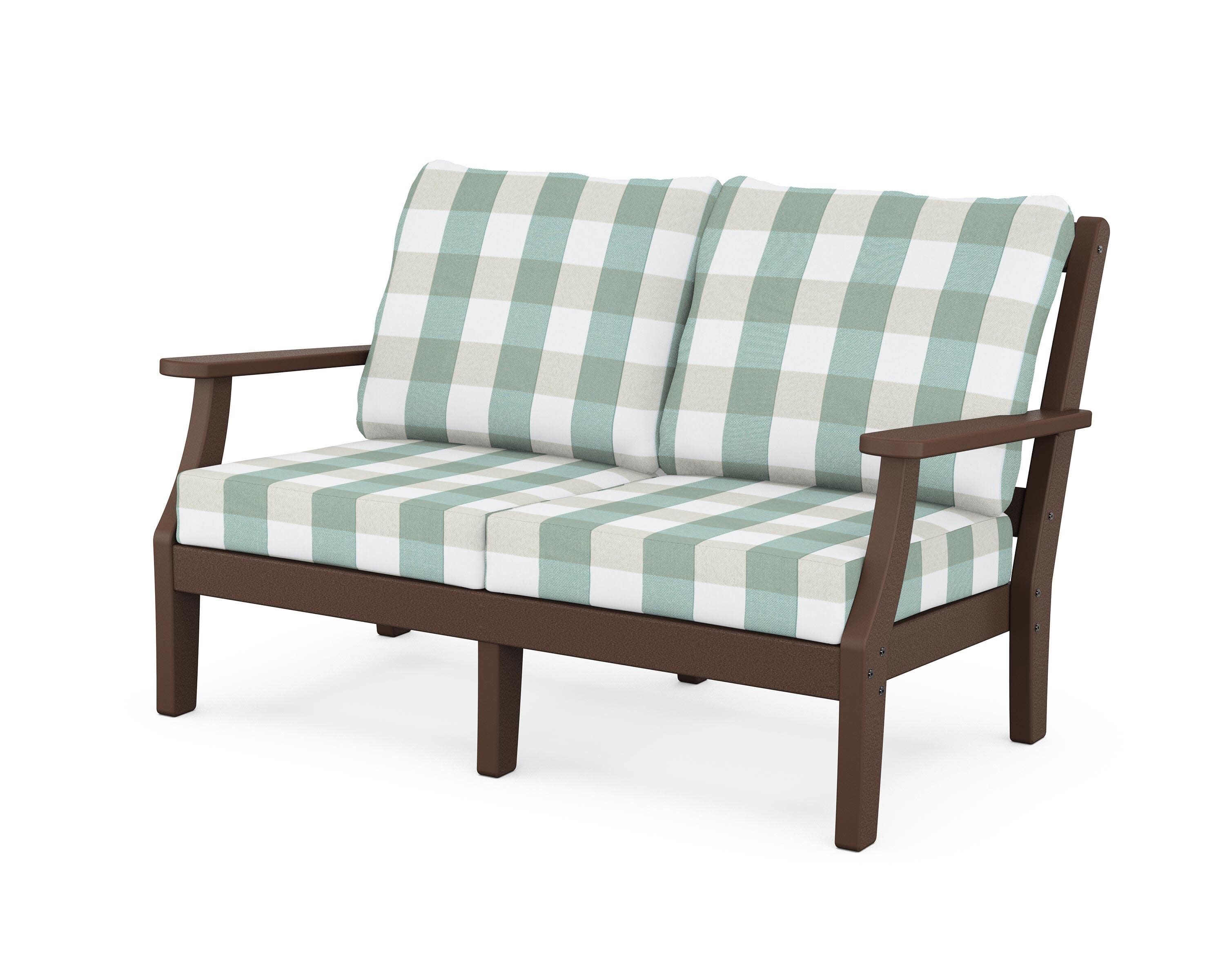 Chinoiserie Deep Seating Loveseat in Mahogany / Buffalo Plaid Glacier Spa