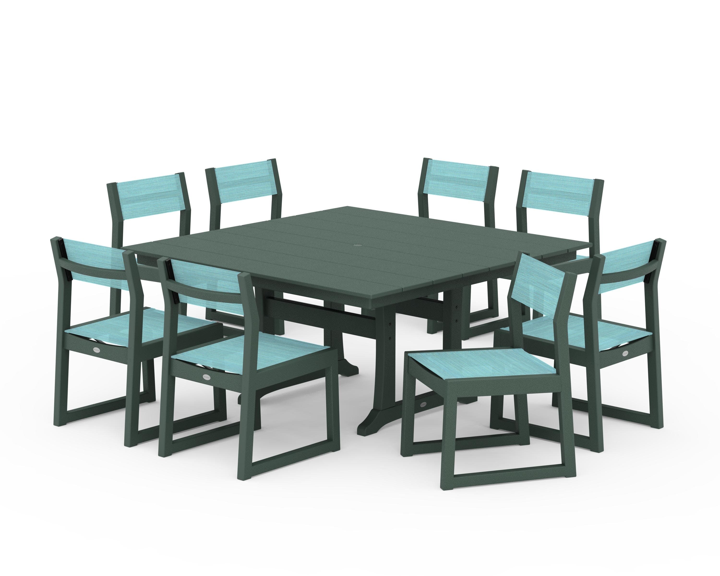 EDGE Sling Side Chair 9-Piece Farmhouse Trestle Dining Set in Green / Dupioni Aquamarine Sling