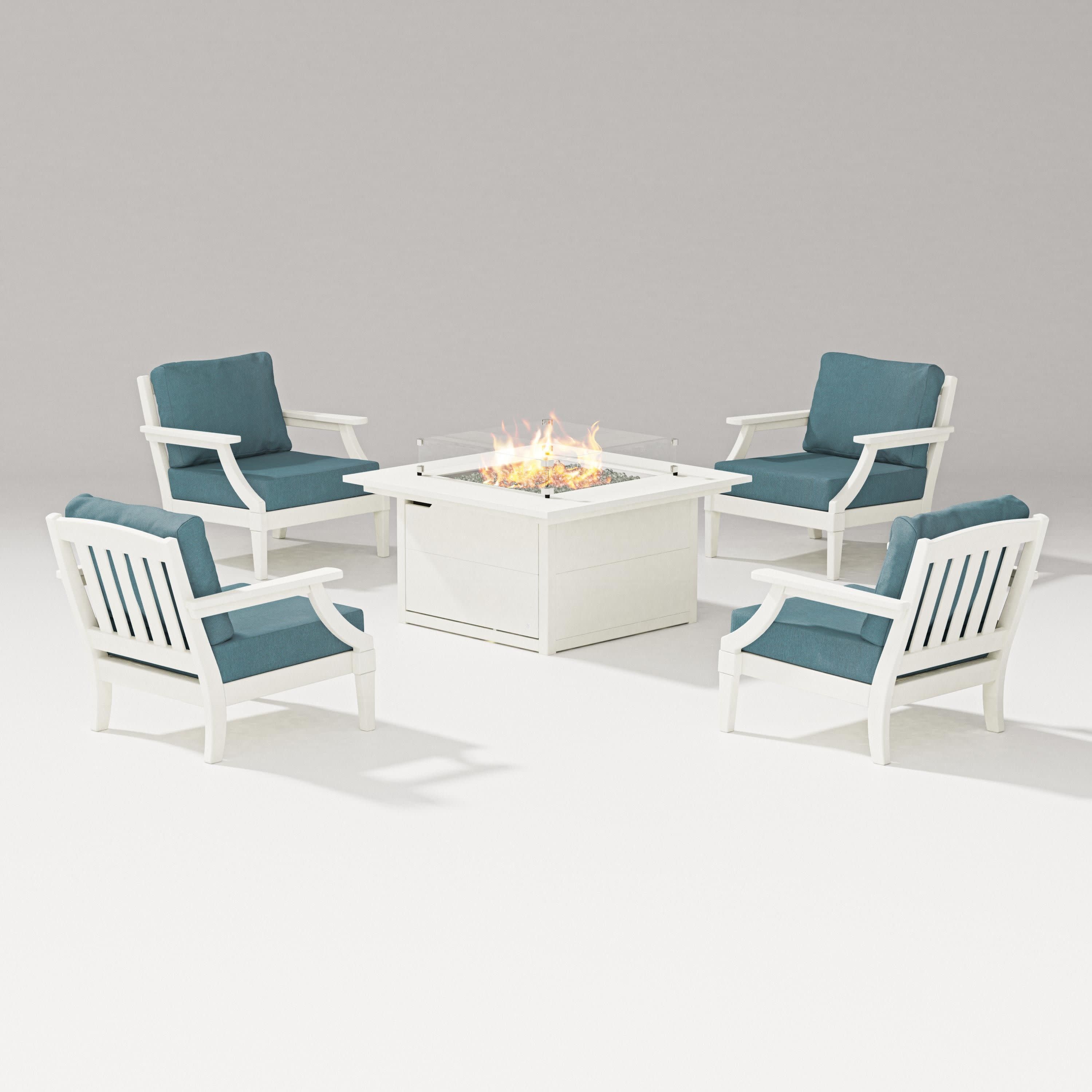 Estate 5-Piece Lounge Fire Table Set in Vintage White / Ocean Teal