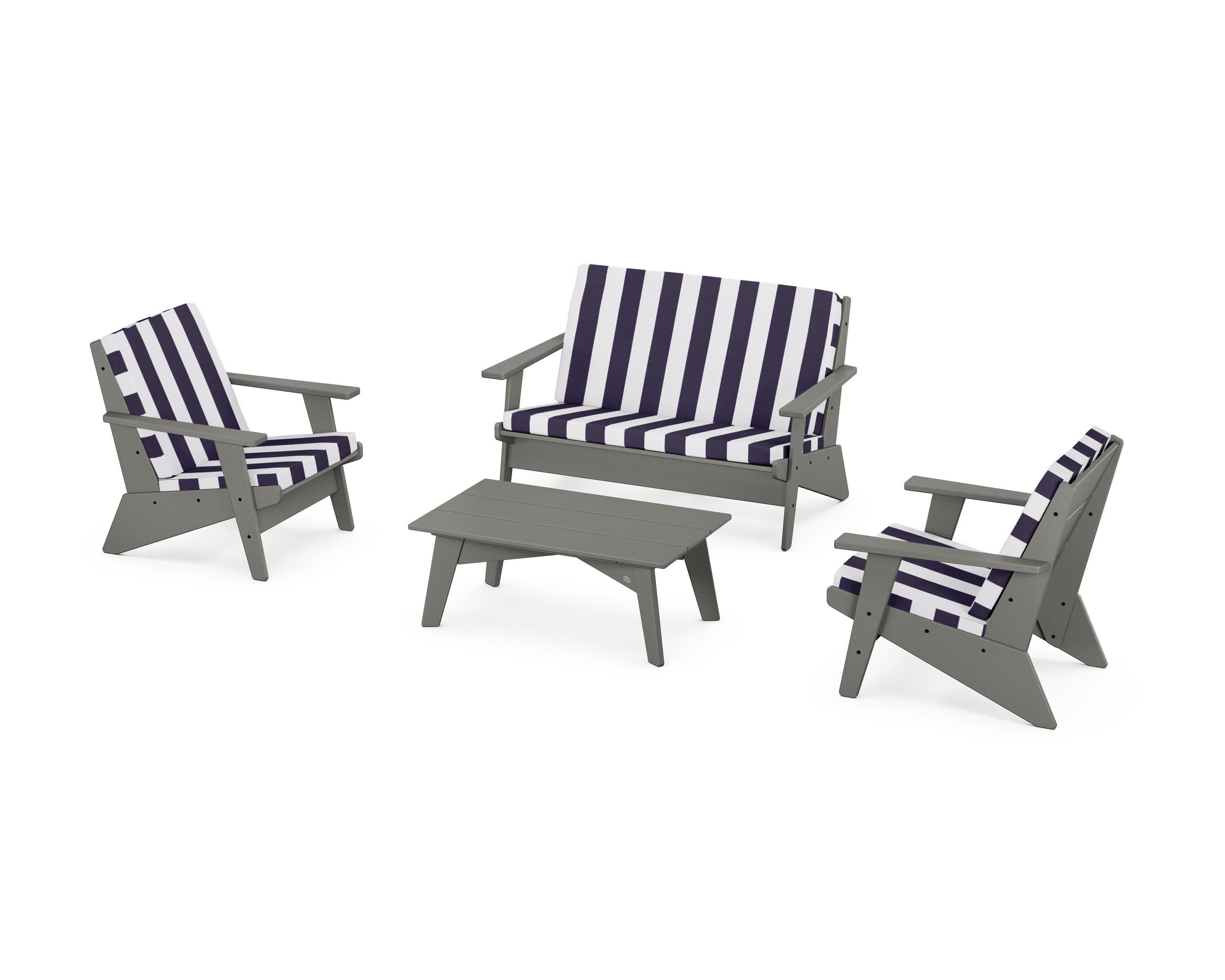 Riviera Modern Lounge 4-Piece Set in Slate Grey / Cabana Stripe Navy