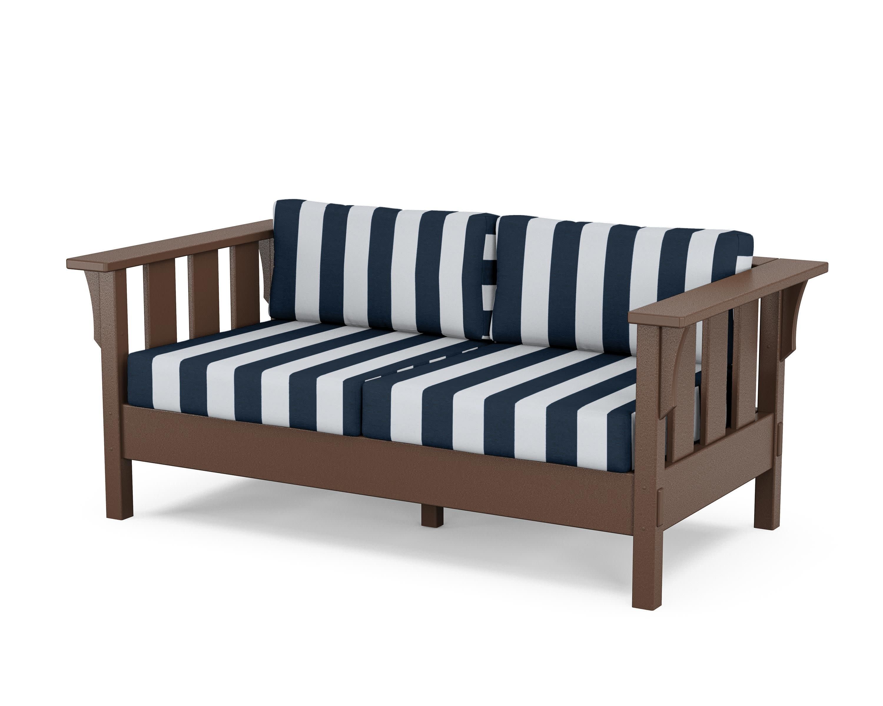 Acadia Deep Seating Loveseat in Mahogany / Cabana Stripe Marine Indigo