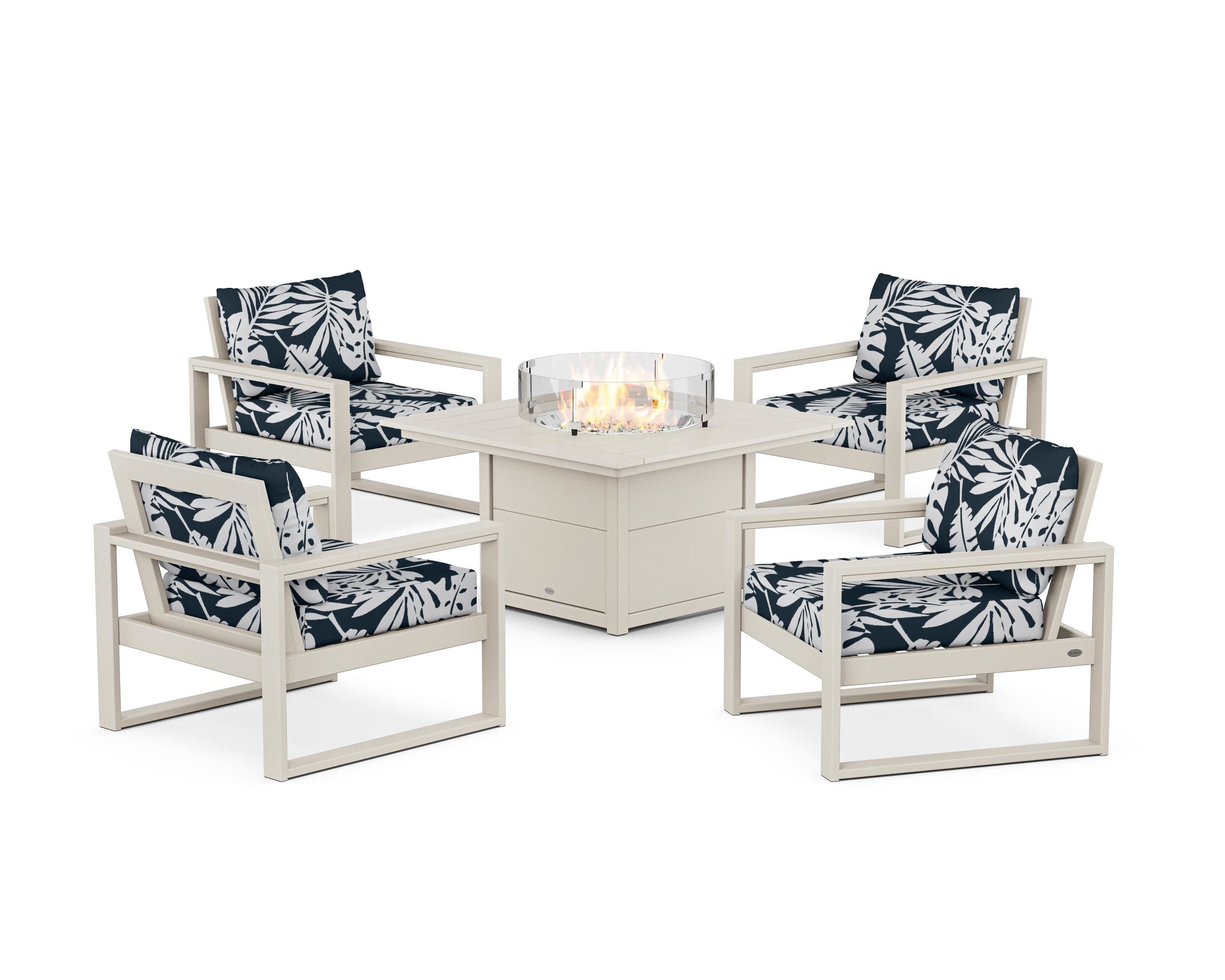 EDGE Sectional 5-Piece Deep Seating Set with Fire Pit Table in Sand / Leaf Marine Indigo