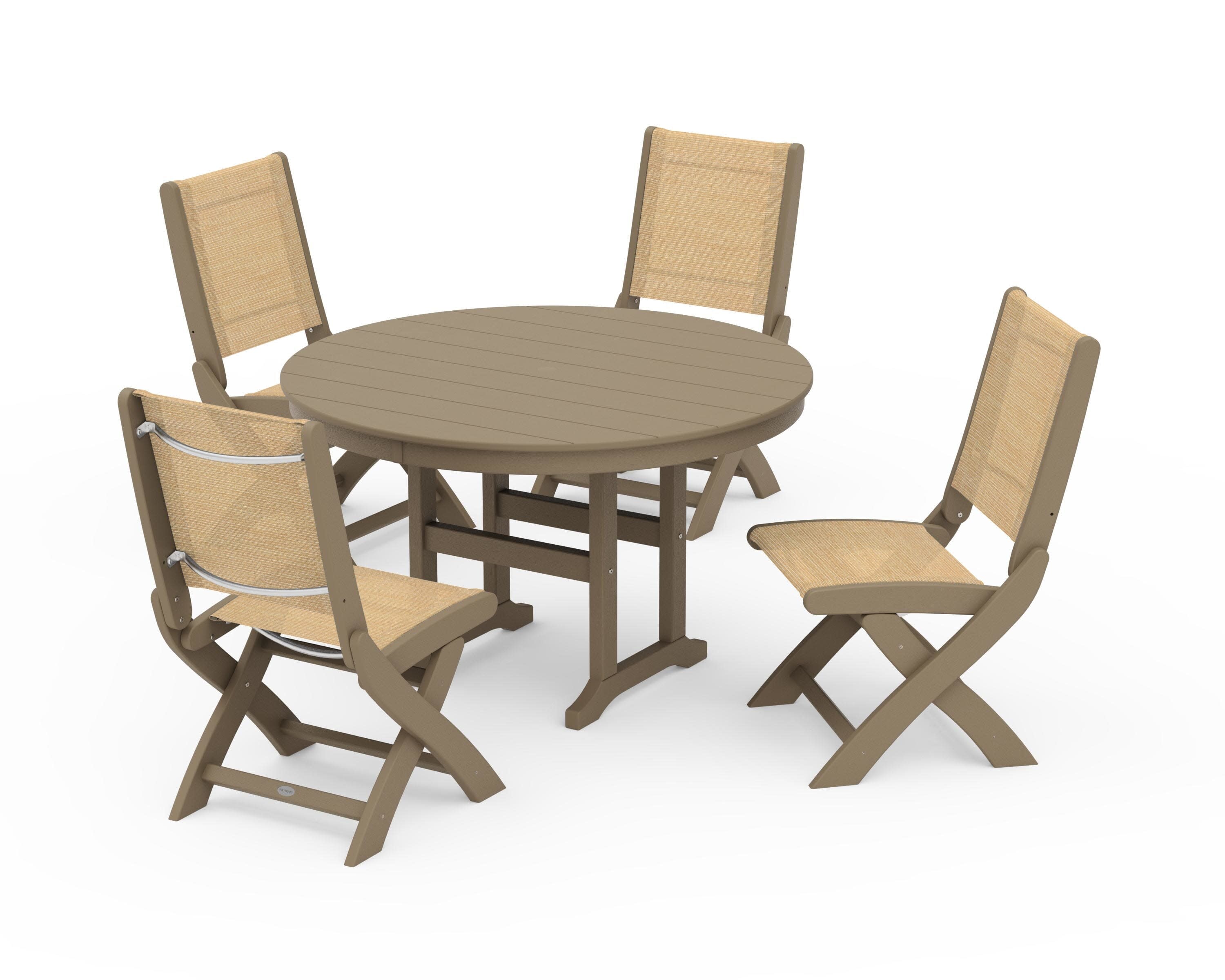Coastal Folding Side Chair 5-Piece Round Dining Set in Vintage Sahara / Dupioni Apricot Sling