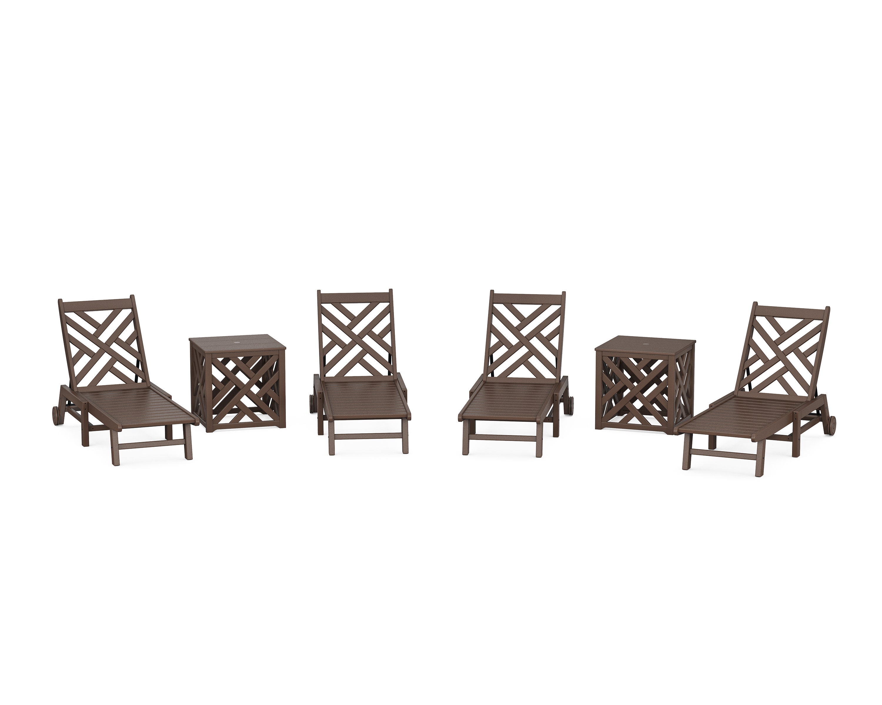 Chippendale 6-Piece Chaise Set with Wheels and Umbrella Stand Accent Table in Mahogany