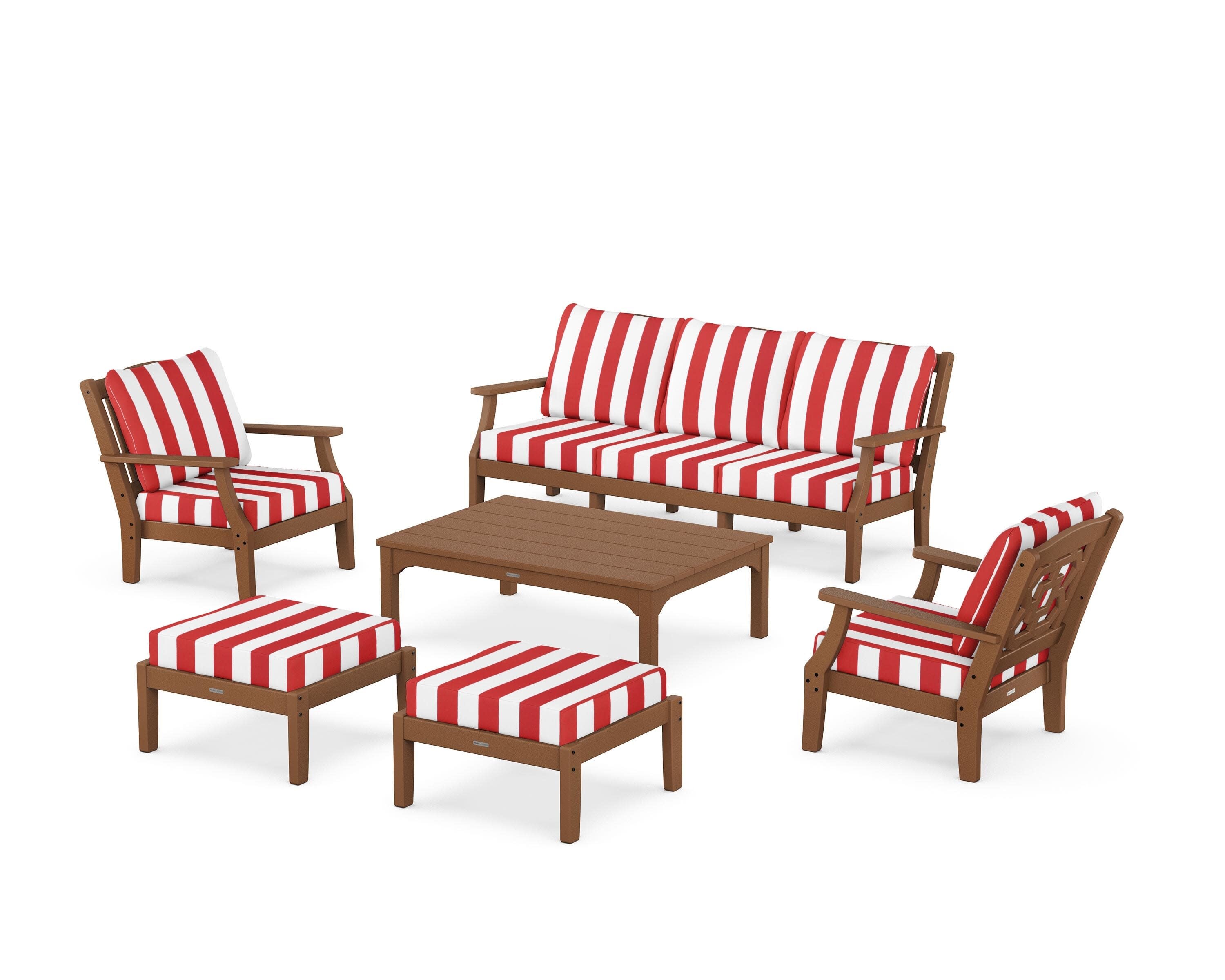 Chinoiserie 6-Piece Lounge Sofa Set in Teak / Cabana Stripe Crimson