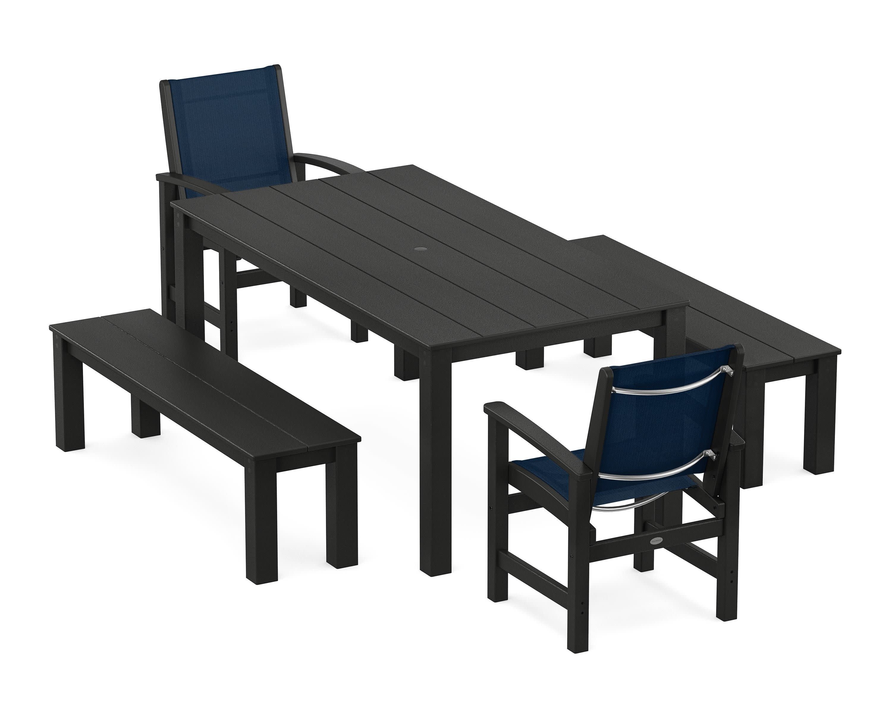 Coastal 5-Piece Parsons Dining Set with Benches in Black / Navy Blue Sling