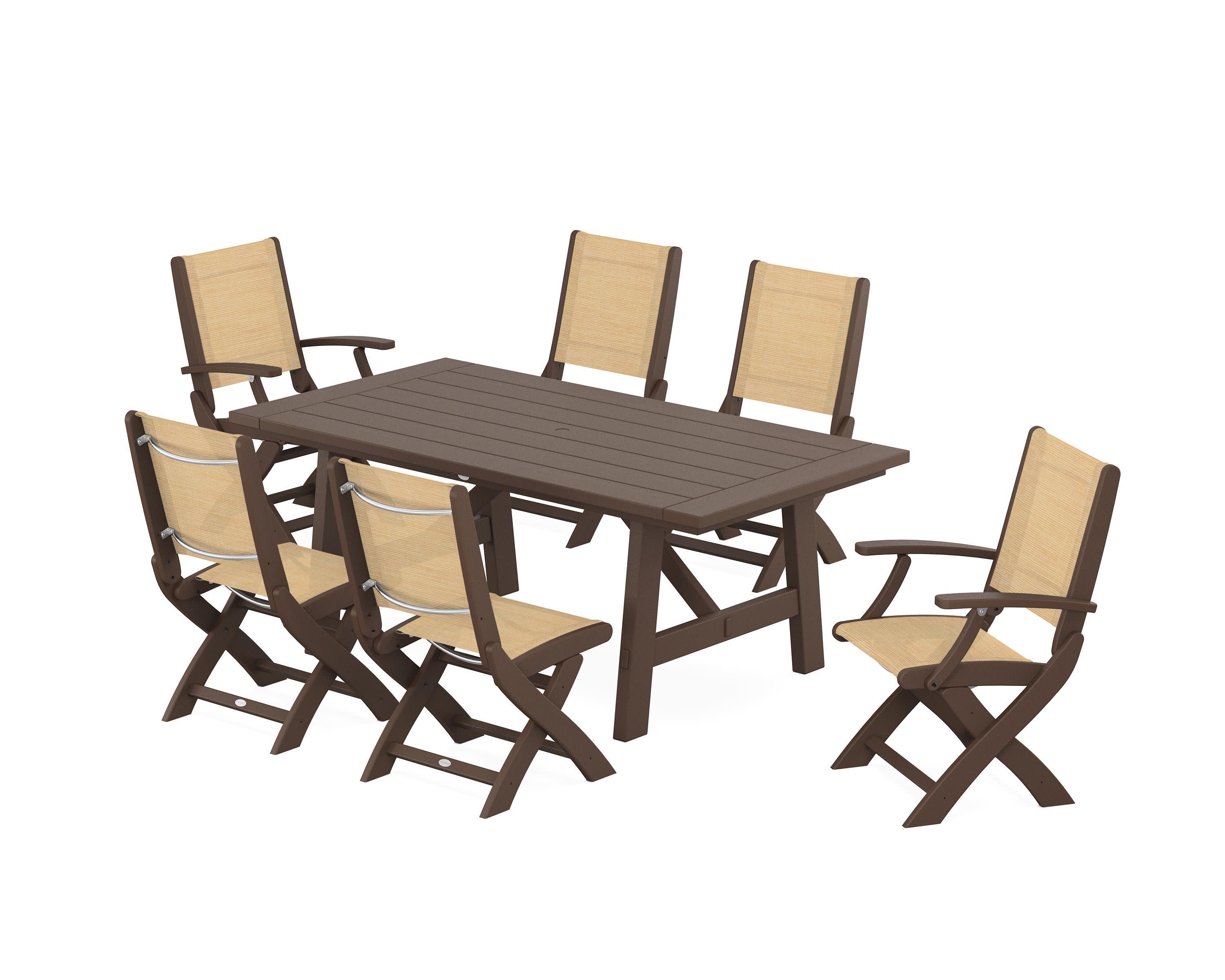 Coastal Folding Chair 7-Piece Rustic Farmhouse Dining Set in Mahogany / Dupioni Apricot Sling
