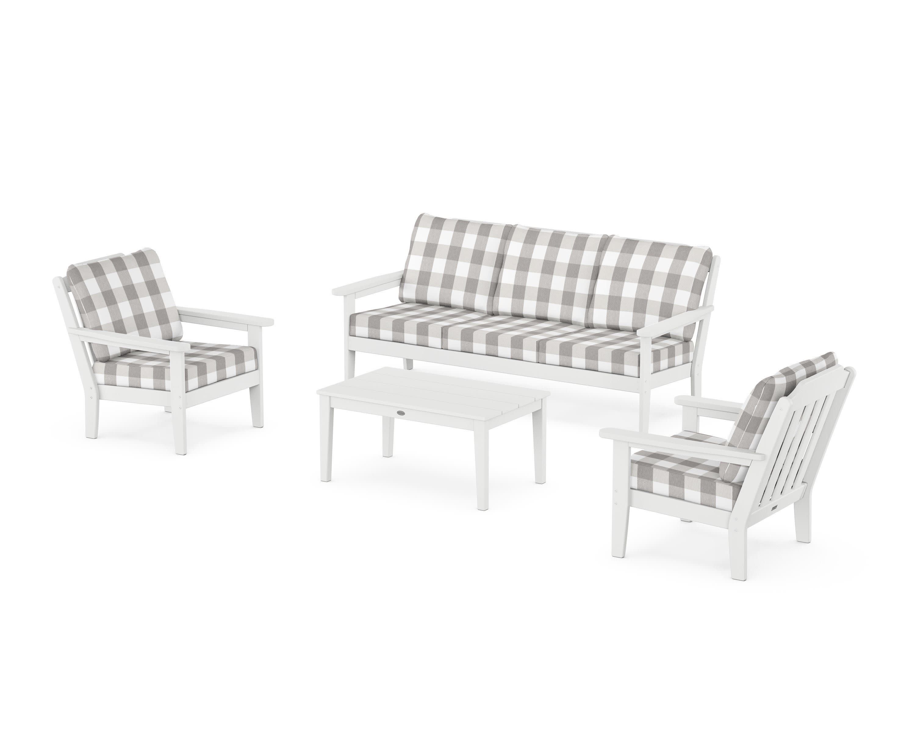 Cottage 4-Piece Deep Seating Set with Sofa in White / Buffalo Plaid Grey Mist