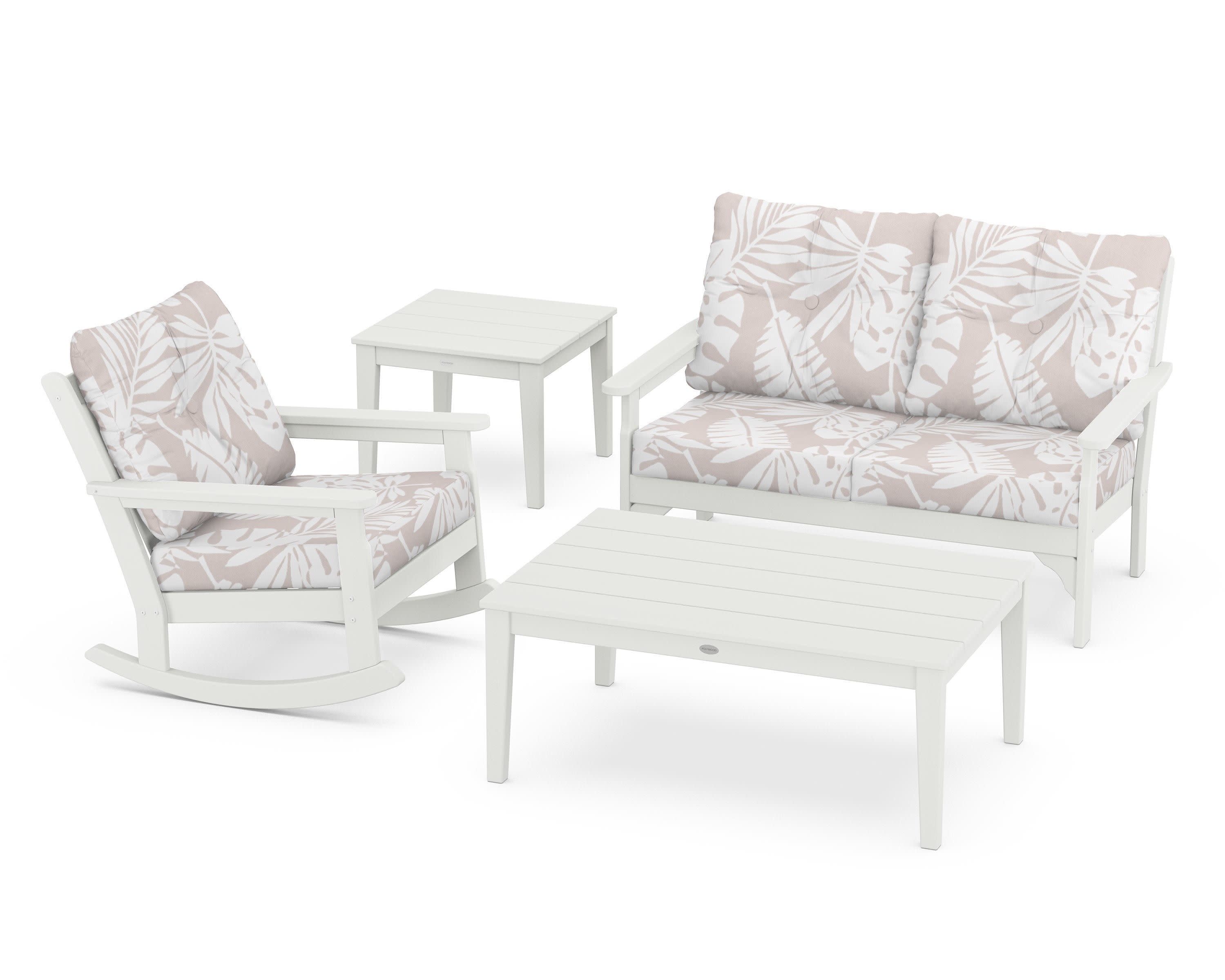Vineyard 4-Piece Deep Seating Rocker Set in Vintage White / Leaf Dune Burlap
