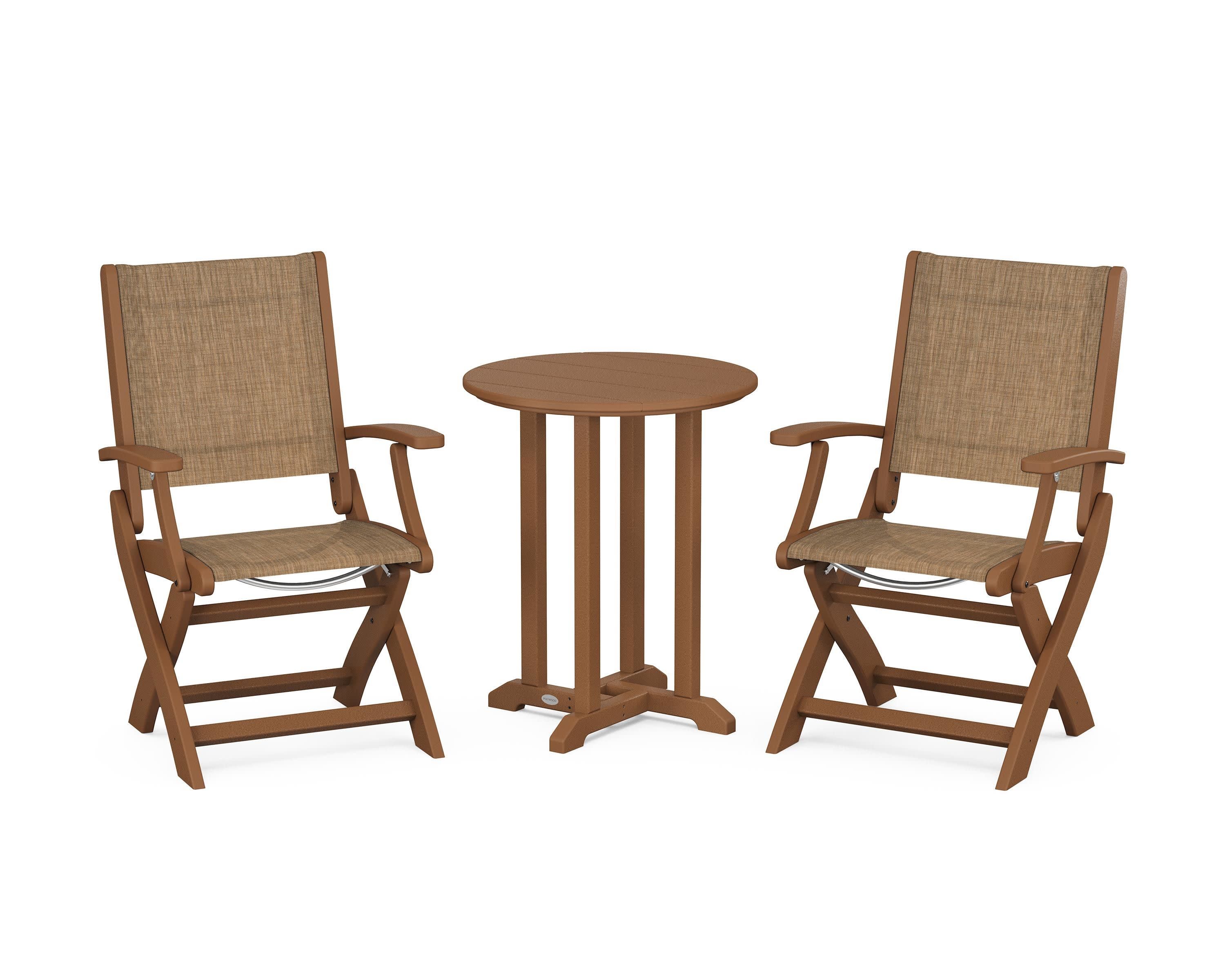 Coastal Folding 3-Piece Round Bistro Dining Set in Teak / Burlap Sling
