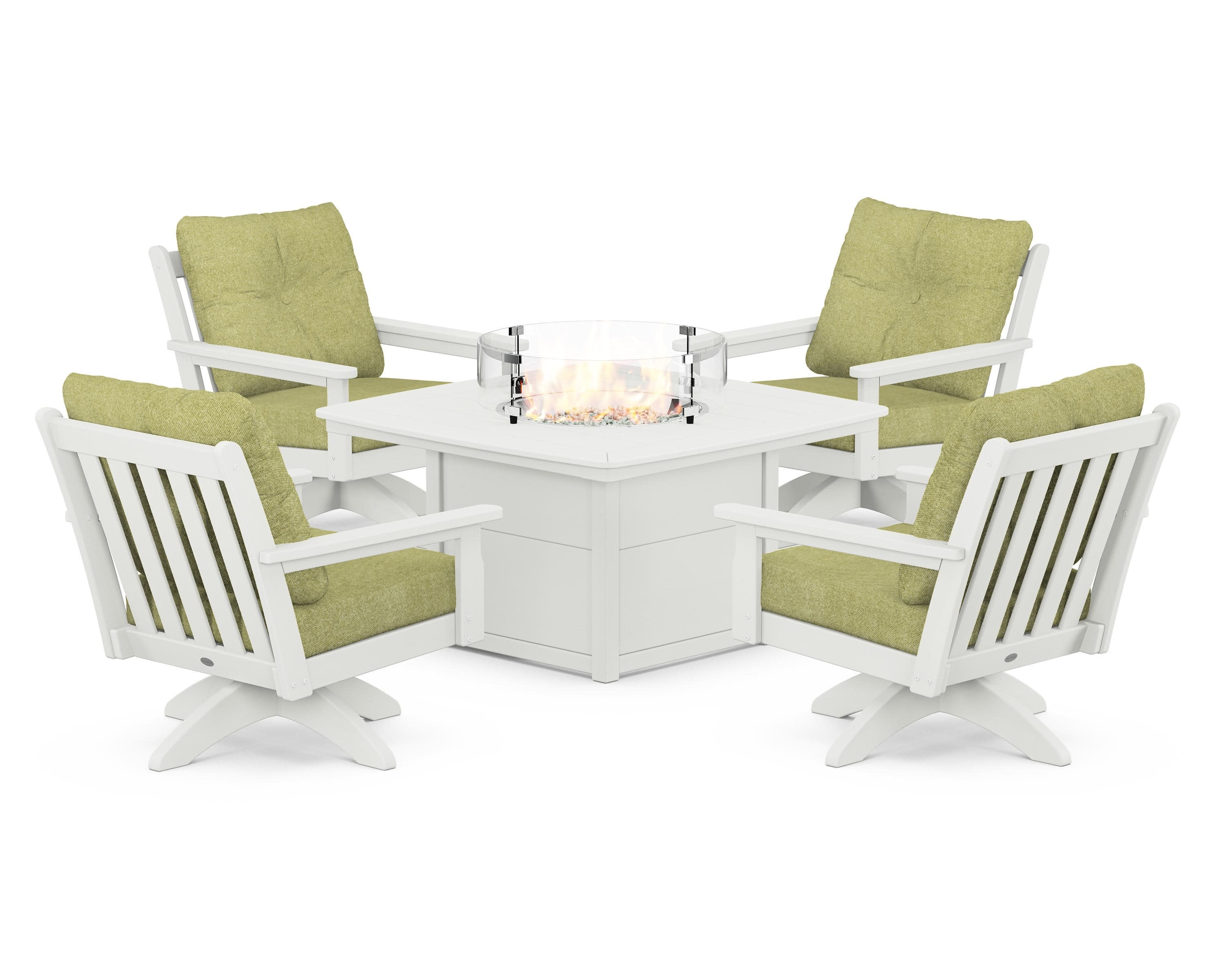 Vineyard 5-Piece Deep Seating Swivel Conversation Set with Fire Pit Table in Vintage White / Chartreuse Boucle