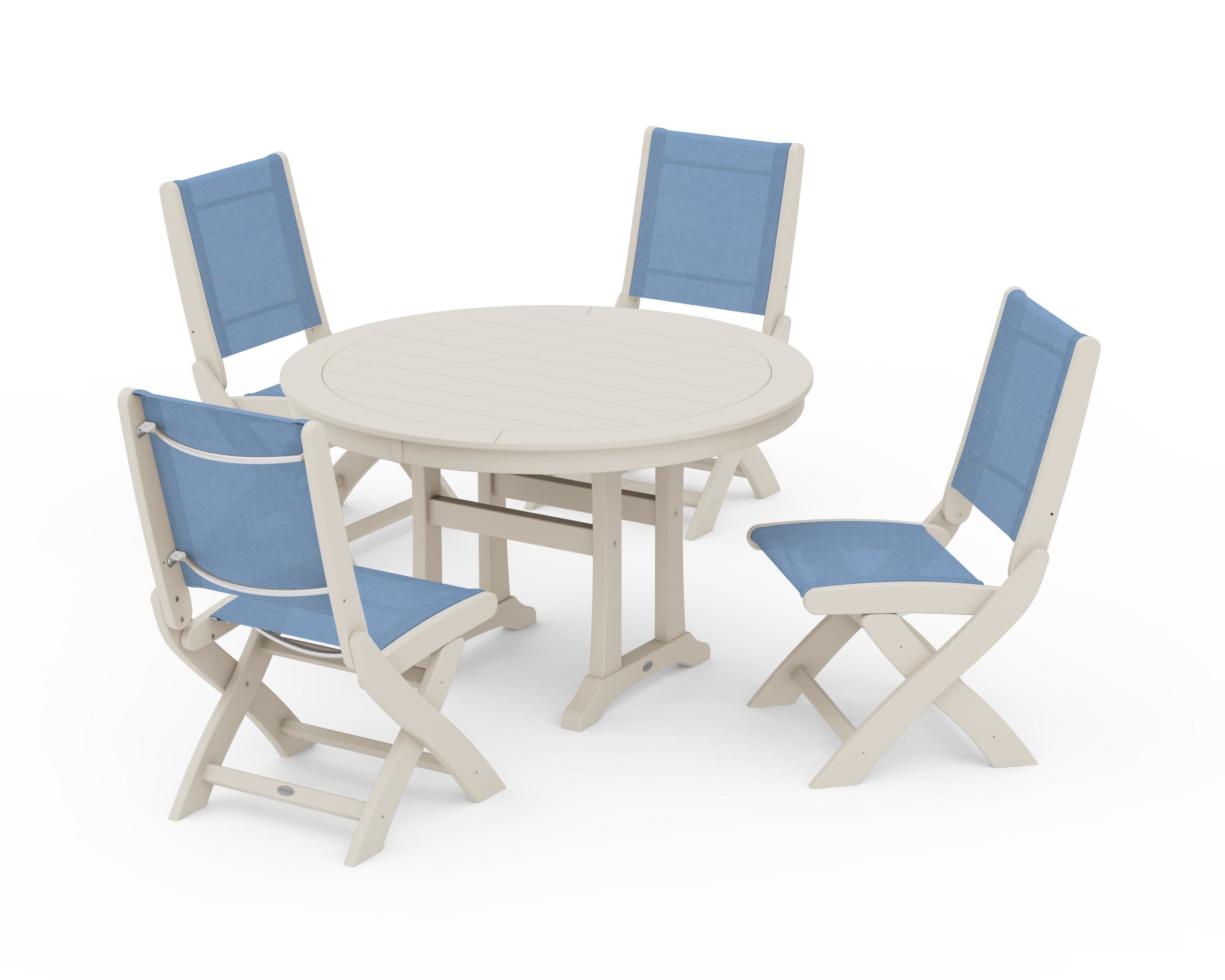 Coastal Folding Side Chair 5-Piece Round Dining Set With Trestle Legs in Sand / Poolside Sling