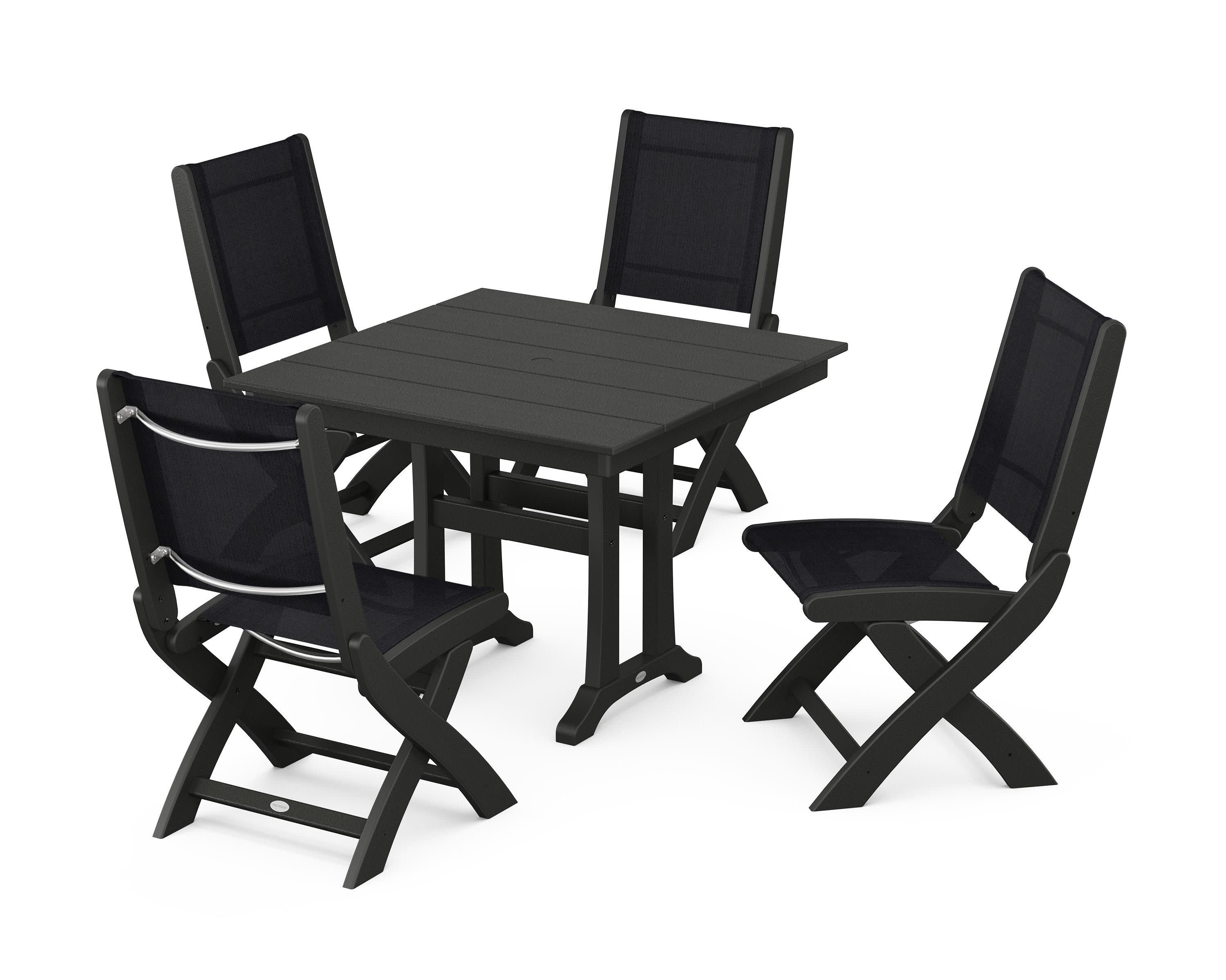 Coastal Folding Side Chair 5-Piece Farmhouse Dining Set With Trestle Legs in Black / Black Sling