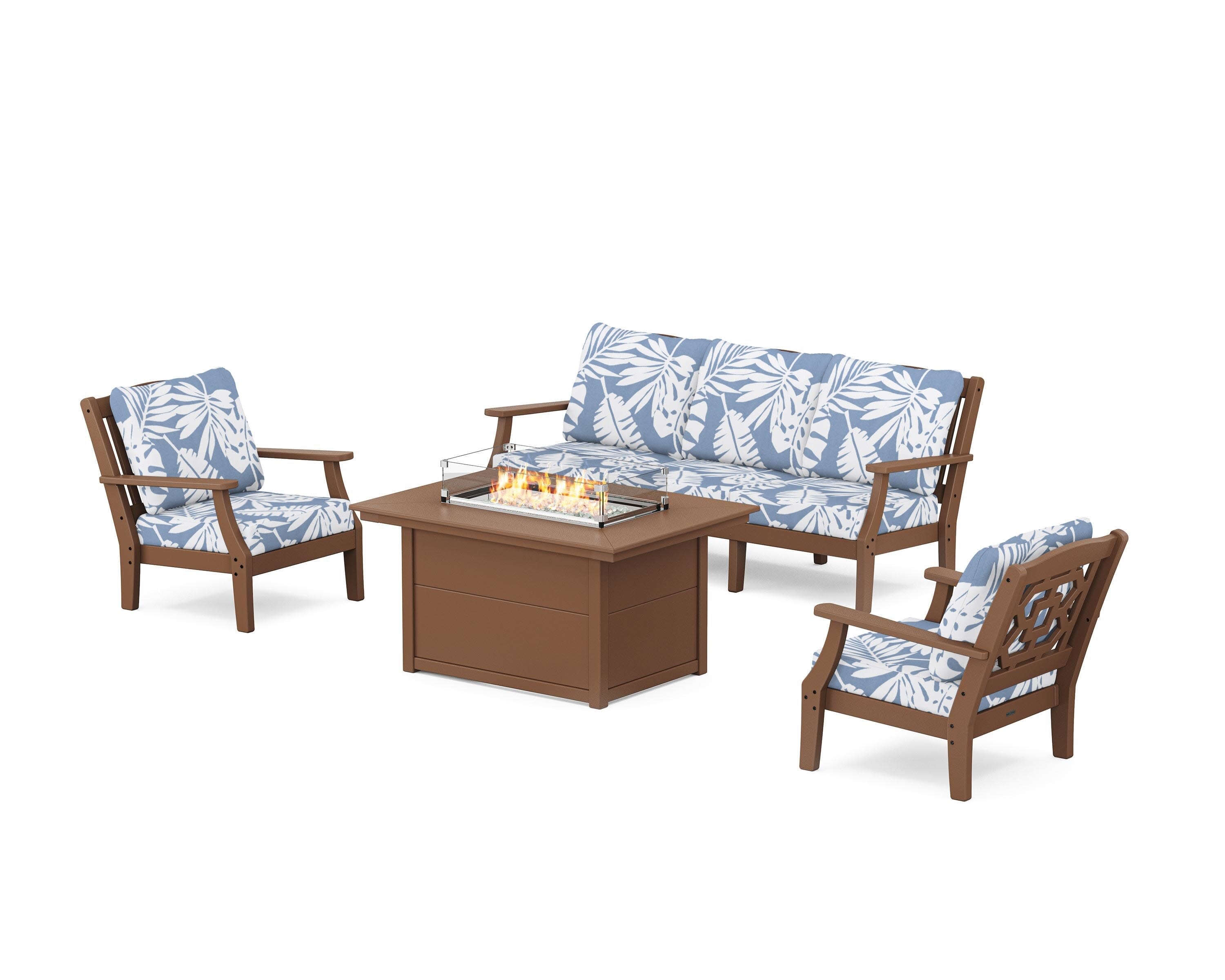 Chinoiserie Deep Seating Fire Pit Table Set in Teak / Leaf Sky Blue