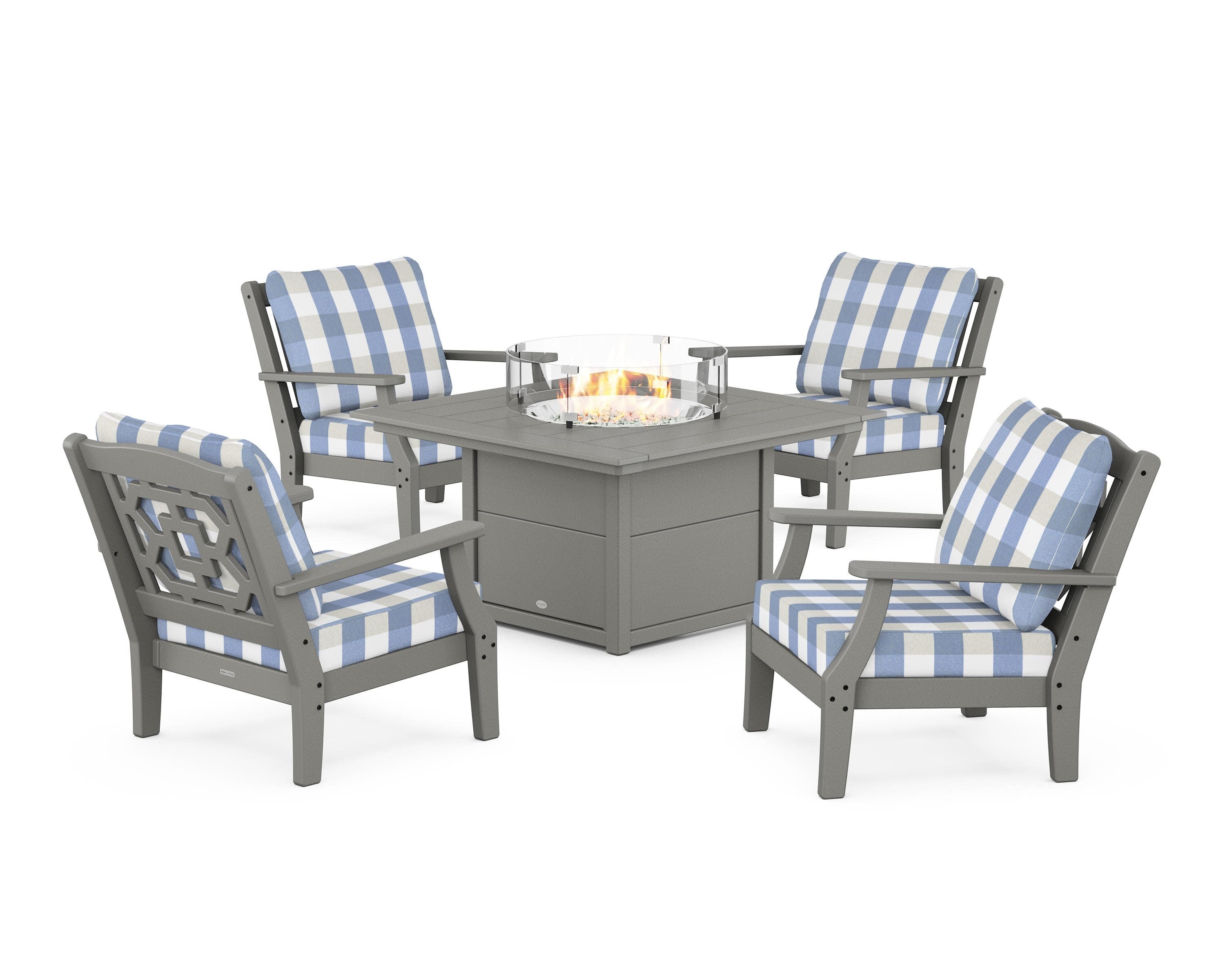 Chinoiserie 5-Piece Deep Seating Set with Fire Pit Table in Slate Grey / Buffalo Plaid Sky Blue