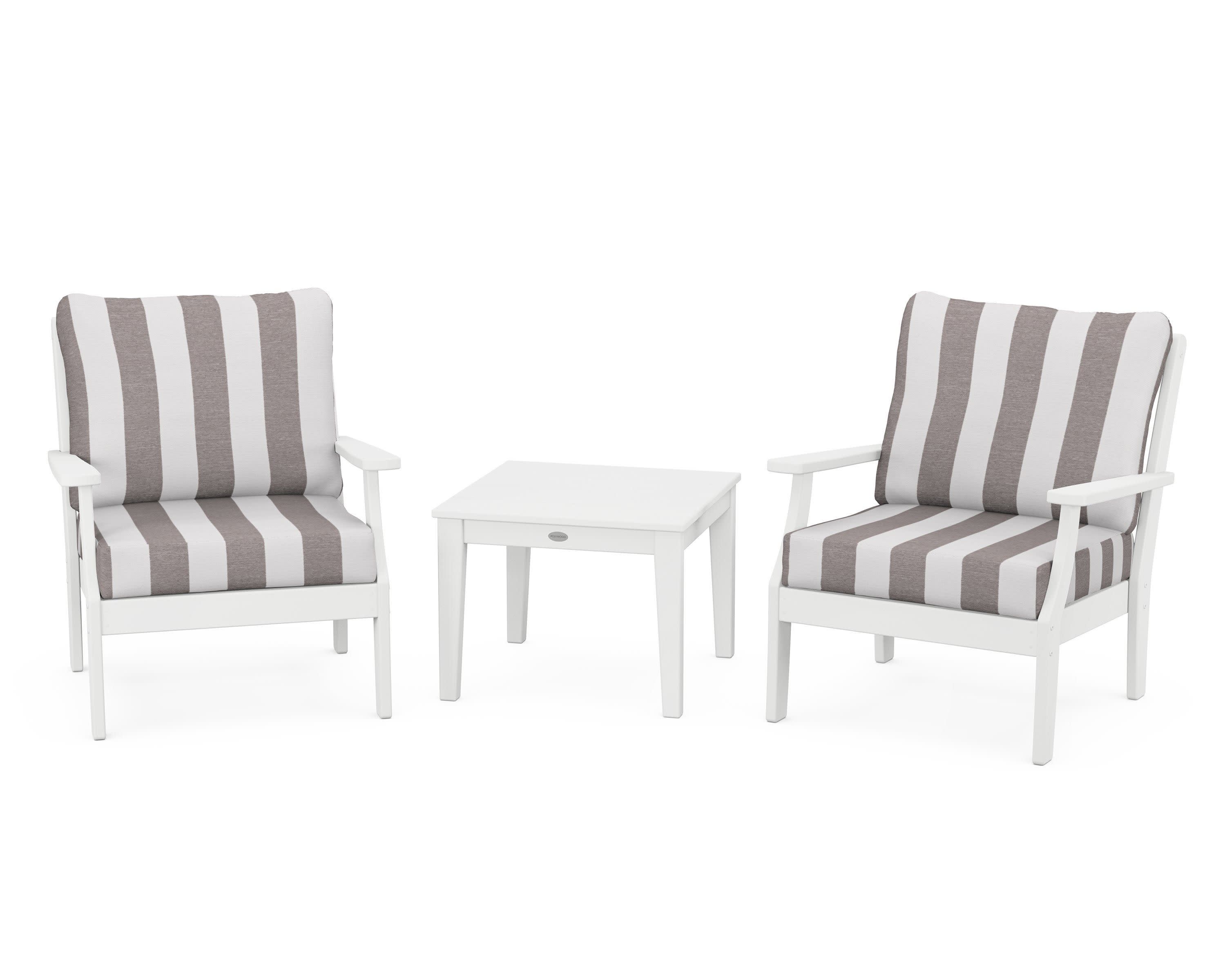 Braxton 3-Piece Deep Seating Set in White / Cabana Stripe Grey Mist
