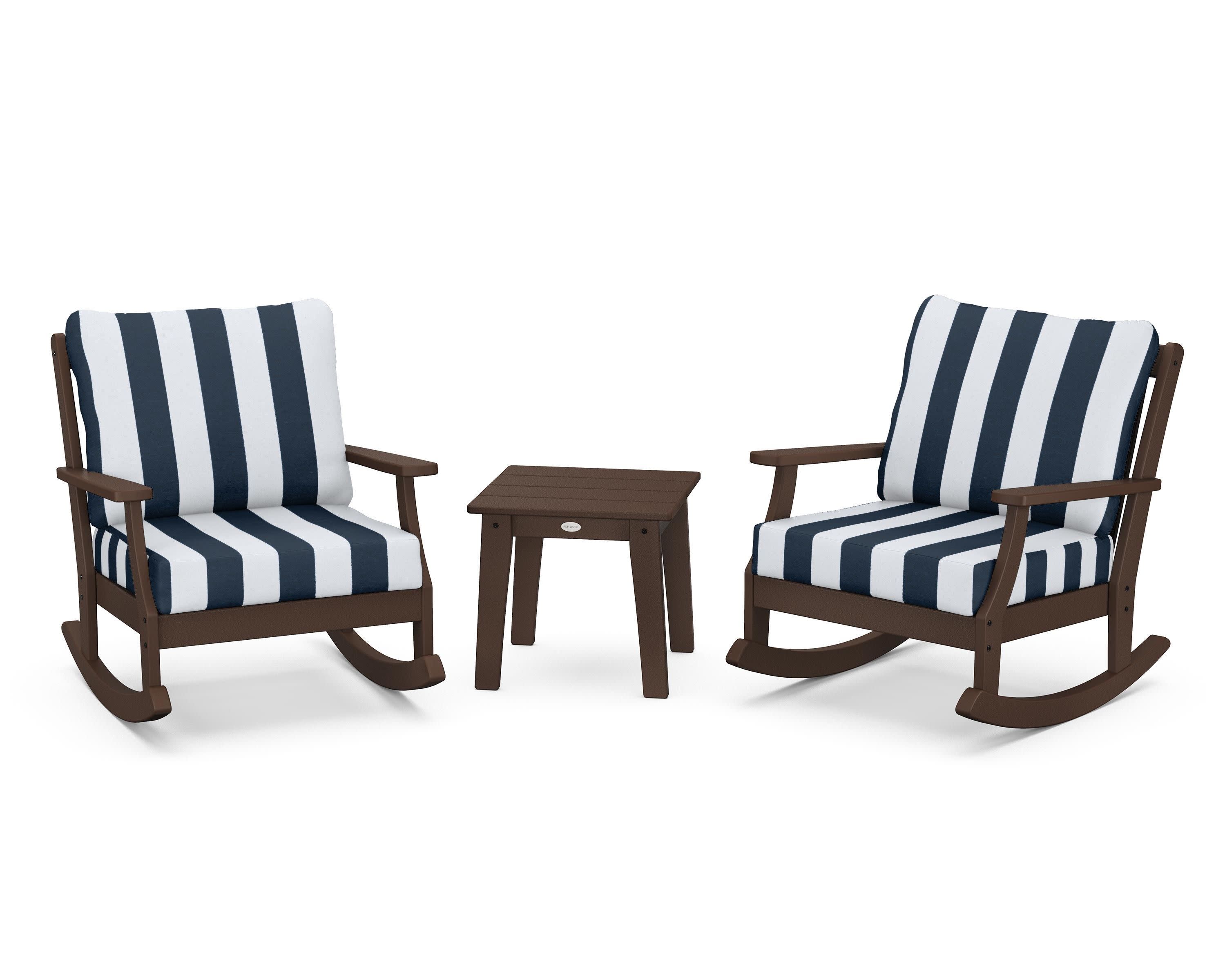Braxton 3-Piece Deep Seating Rocker Set in Mahogany / Cabana Stripe Marine Indigo