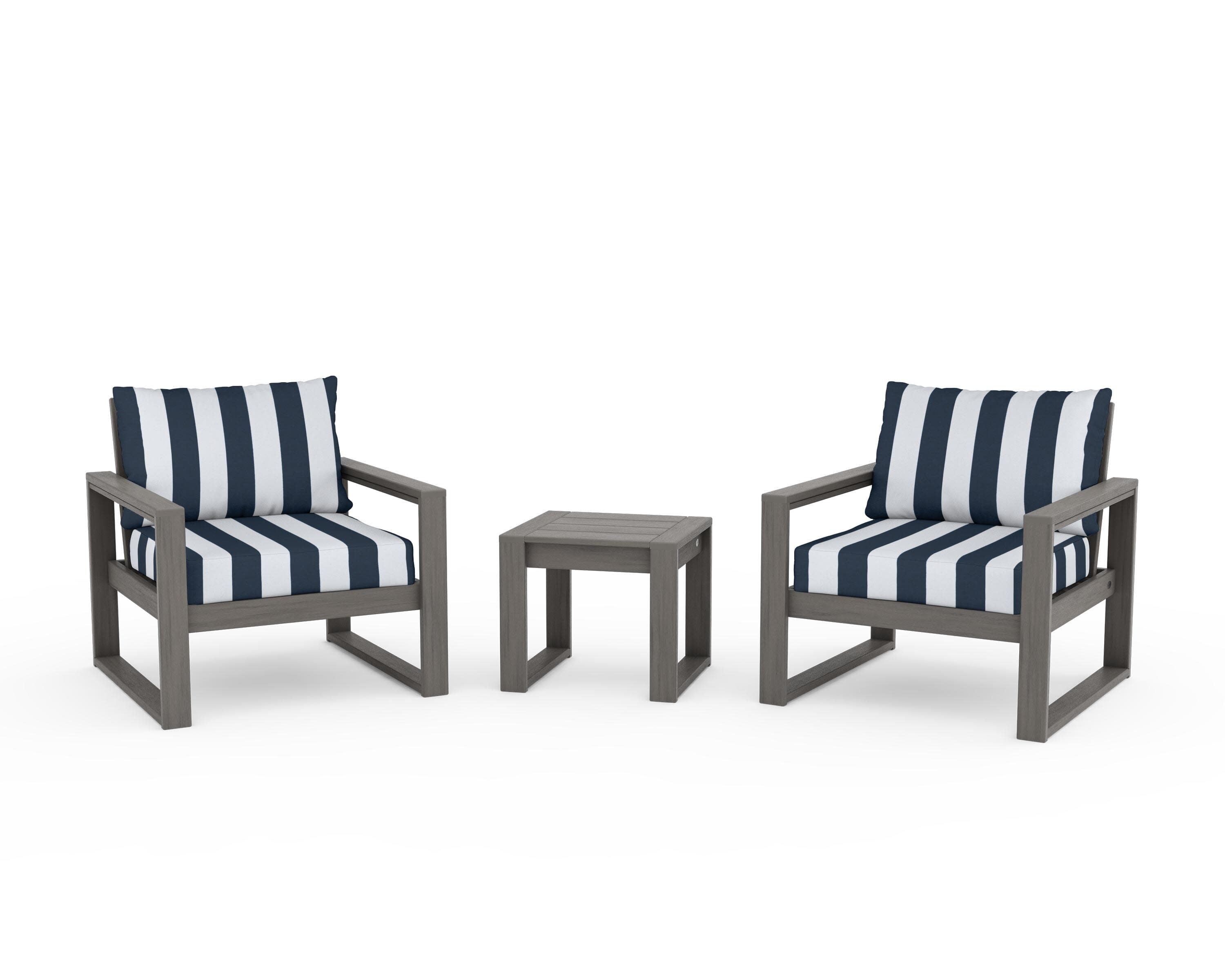EDGE Sectional 3-Piece Deep Seating Set in Driftwood / Cabana Stripe Marine Indigo