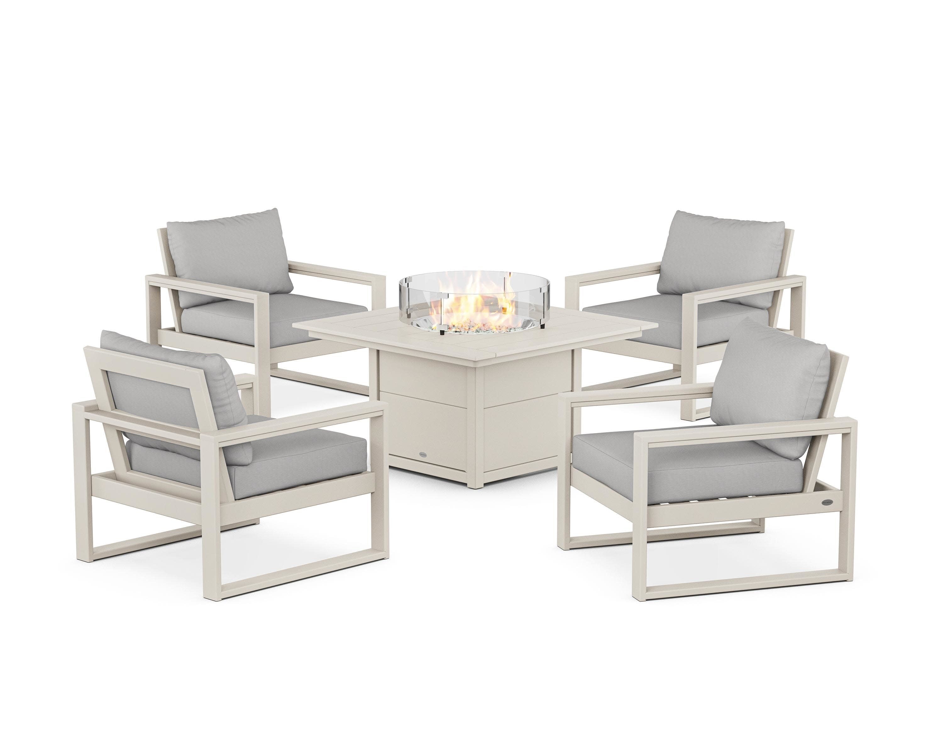 EDGE Sectional 5-Piece Deep Seating Set with Fire Pit Table in Sand / Diamond in the Rough