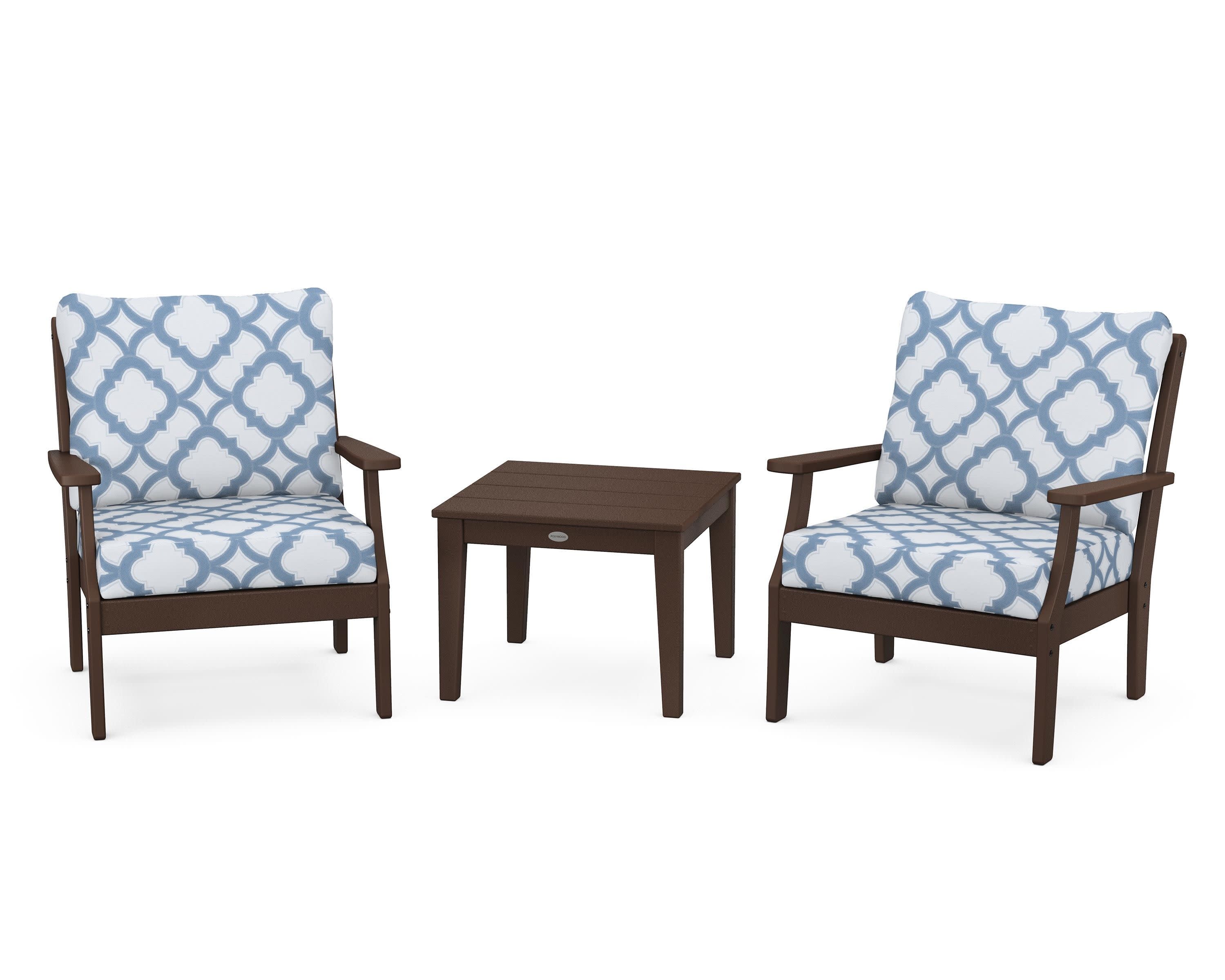 Braxton 3-Piece Deep Seating Set in Mahogany / Trellis Sky Blue