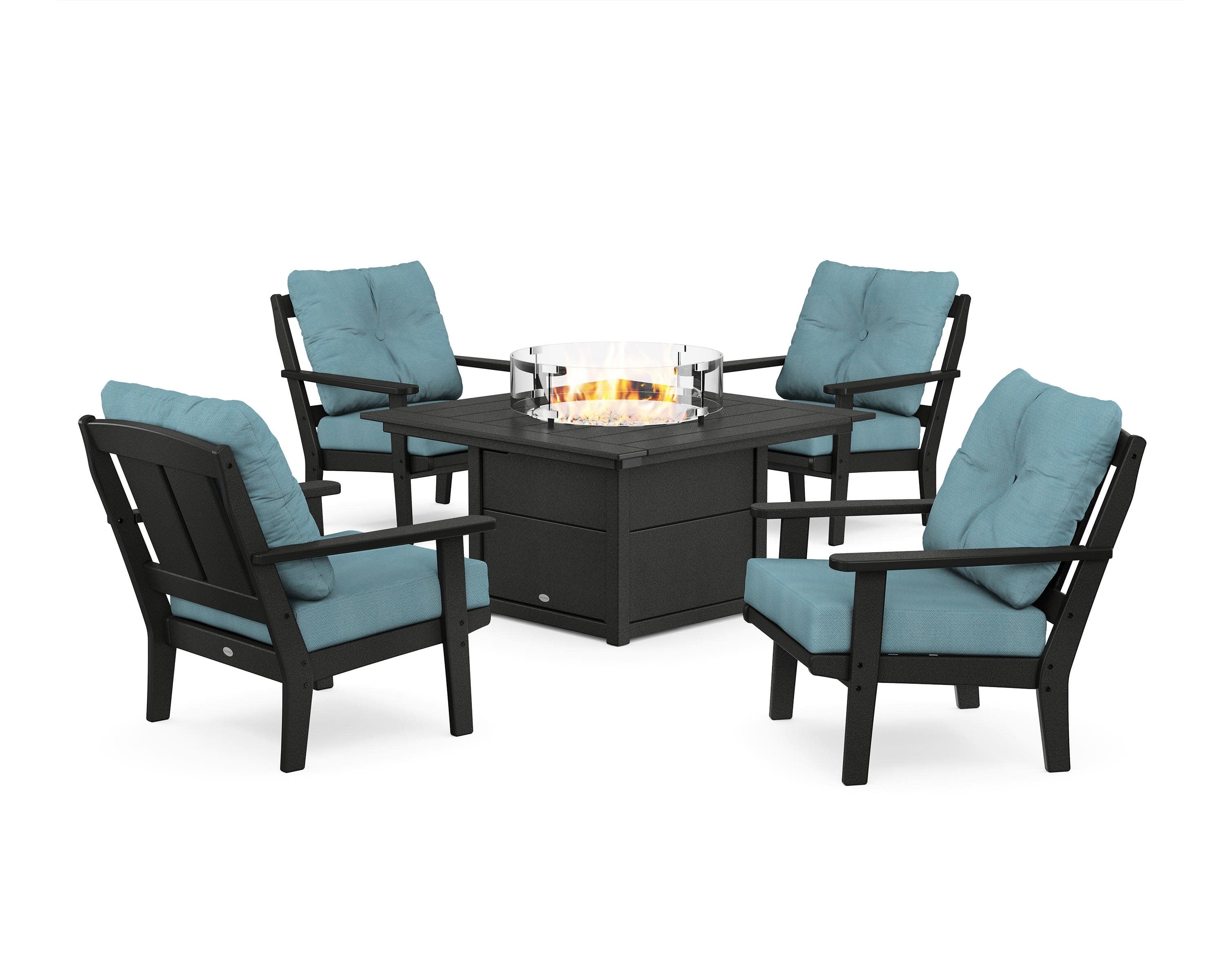 Mission 5-Piece Deep Seating Set with Fire Pit Table in Black / Lattice Sky Blue