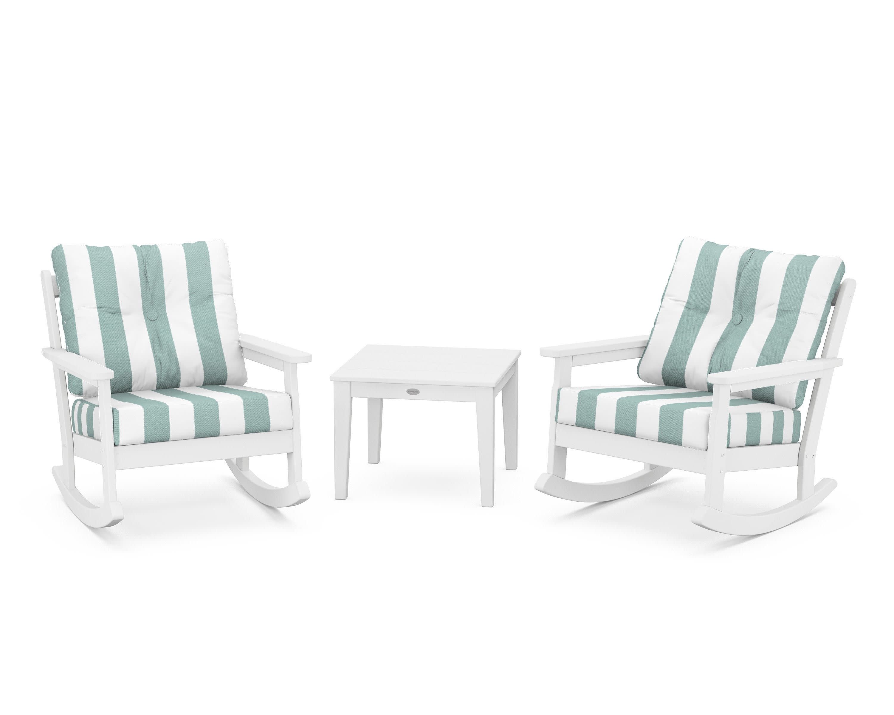 Vineyard 3-Piece Deep Seating Rocker Set in White / Cabana Stripe Glacier Spa