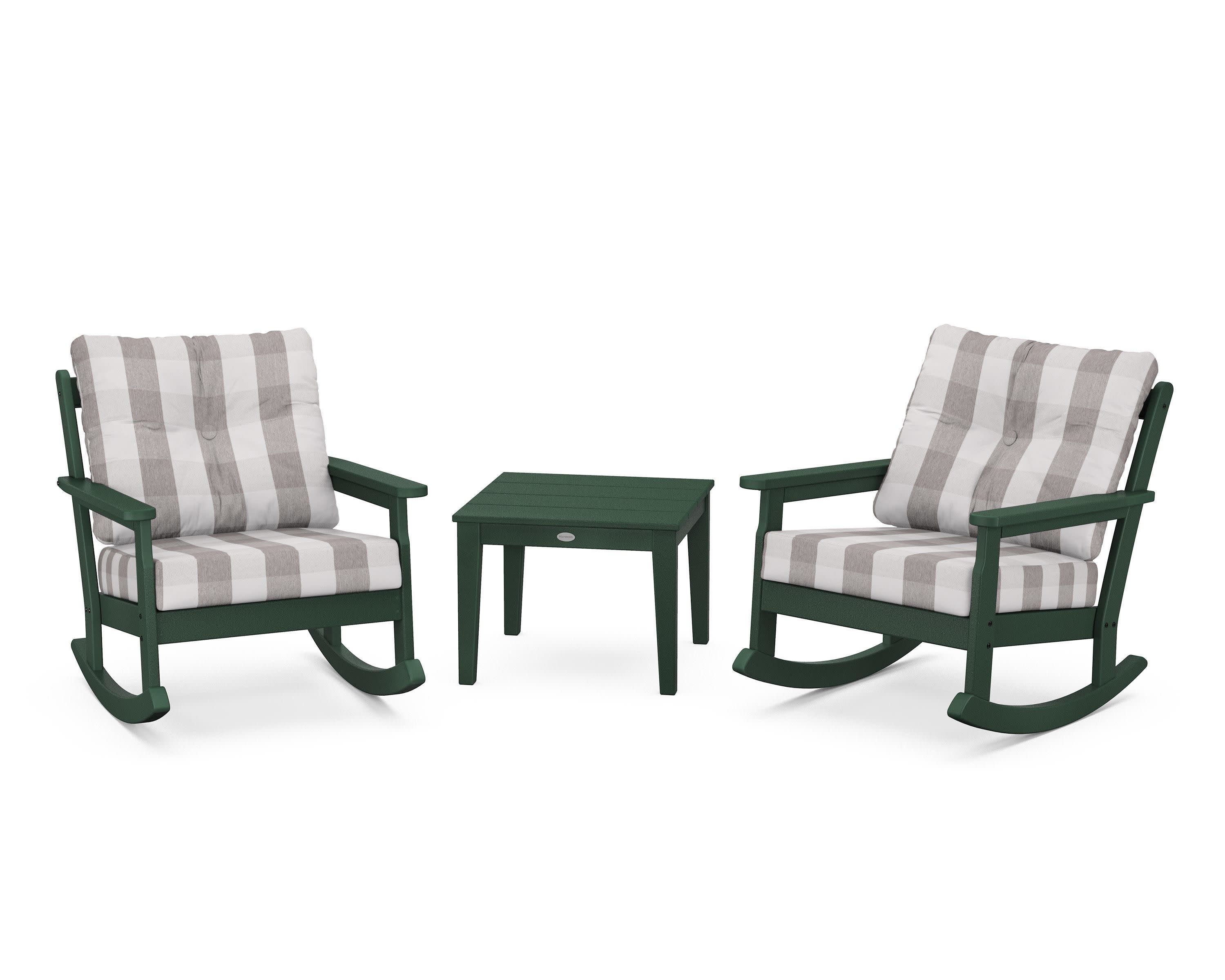 Vineyard 3-Piece Deep Seating Rocker Set in Green / Buffalo Plaid Grey Mist