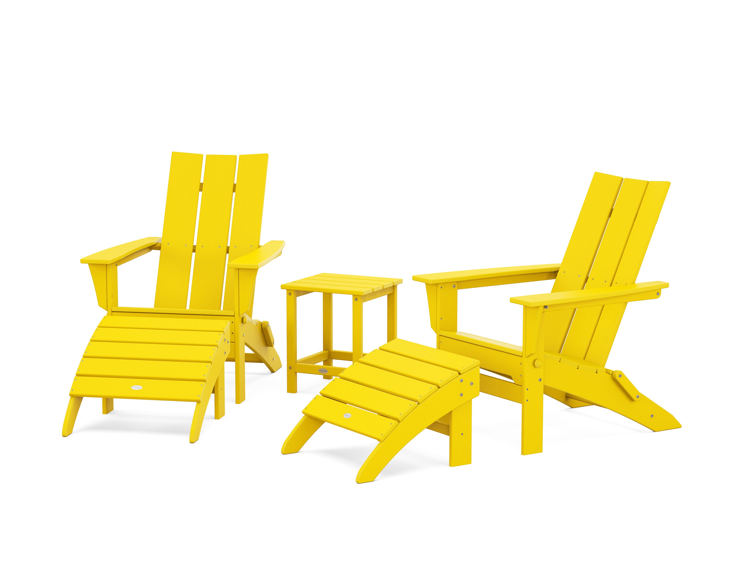 Modern Folding Adirondack Chair 5-Piece Set with Ottomans and 18" Side Table in Lemon