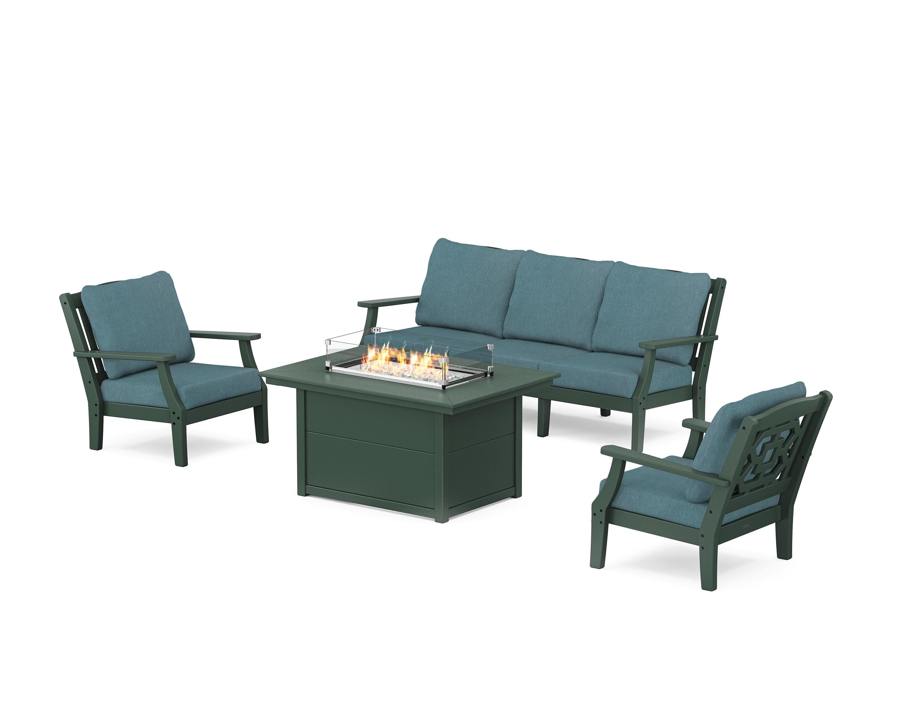 Chinoiserie Deep Seating Fire Pit Table Set in Green / Ocean Teal