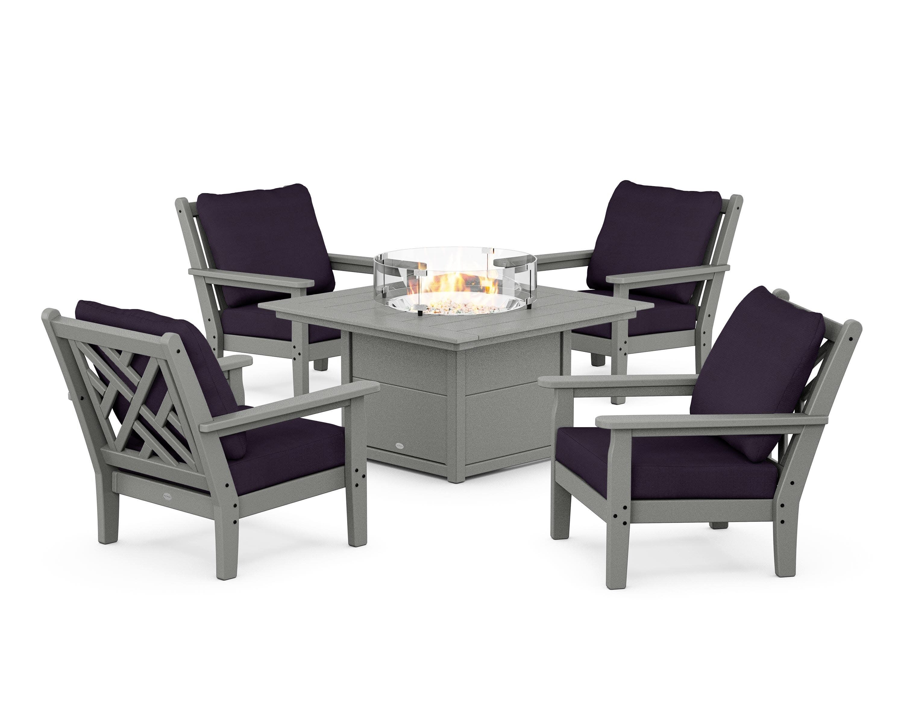 Chippendale 5-Piece Deep Seating Set with Fire Pit Table in Slate Grey / Navy Linen