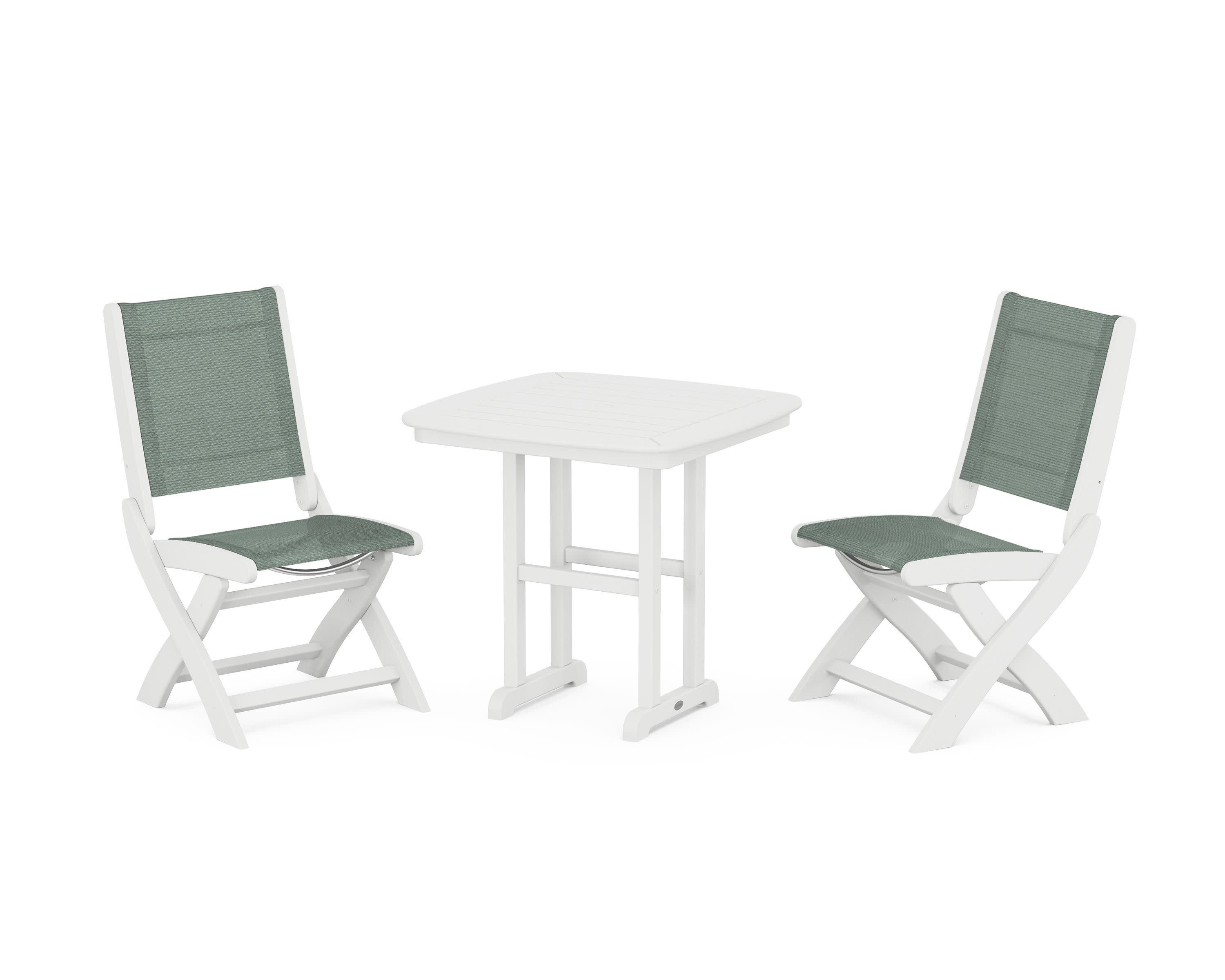 Coastal Folding Side Chair 3-Piece Dining Set in White / Dupioni Sea Mist Sling