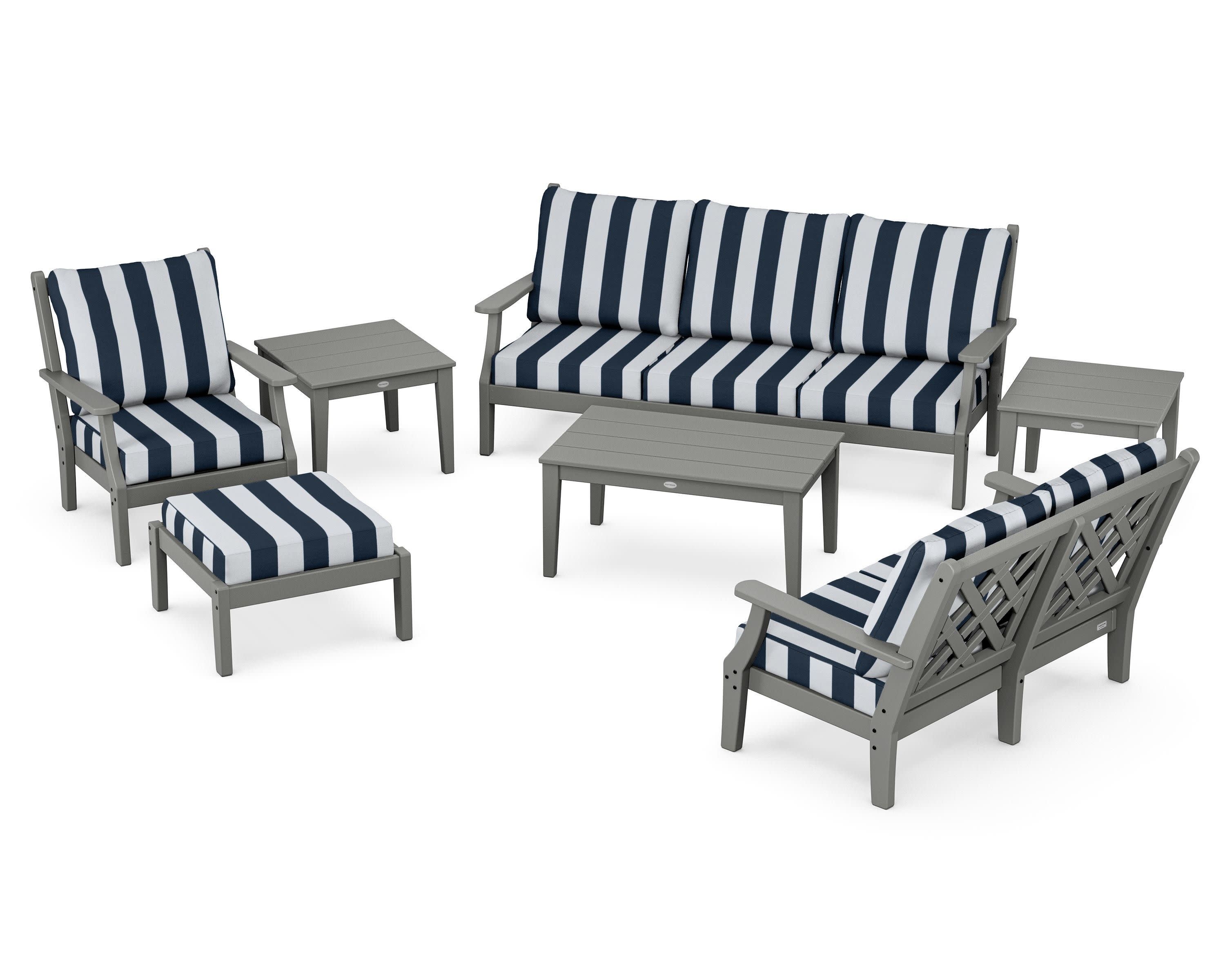 Wovendale 7-Piece Deep Seating Set in Slate Grey / Cabana Stripe Marine Indigo