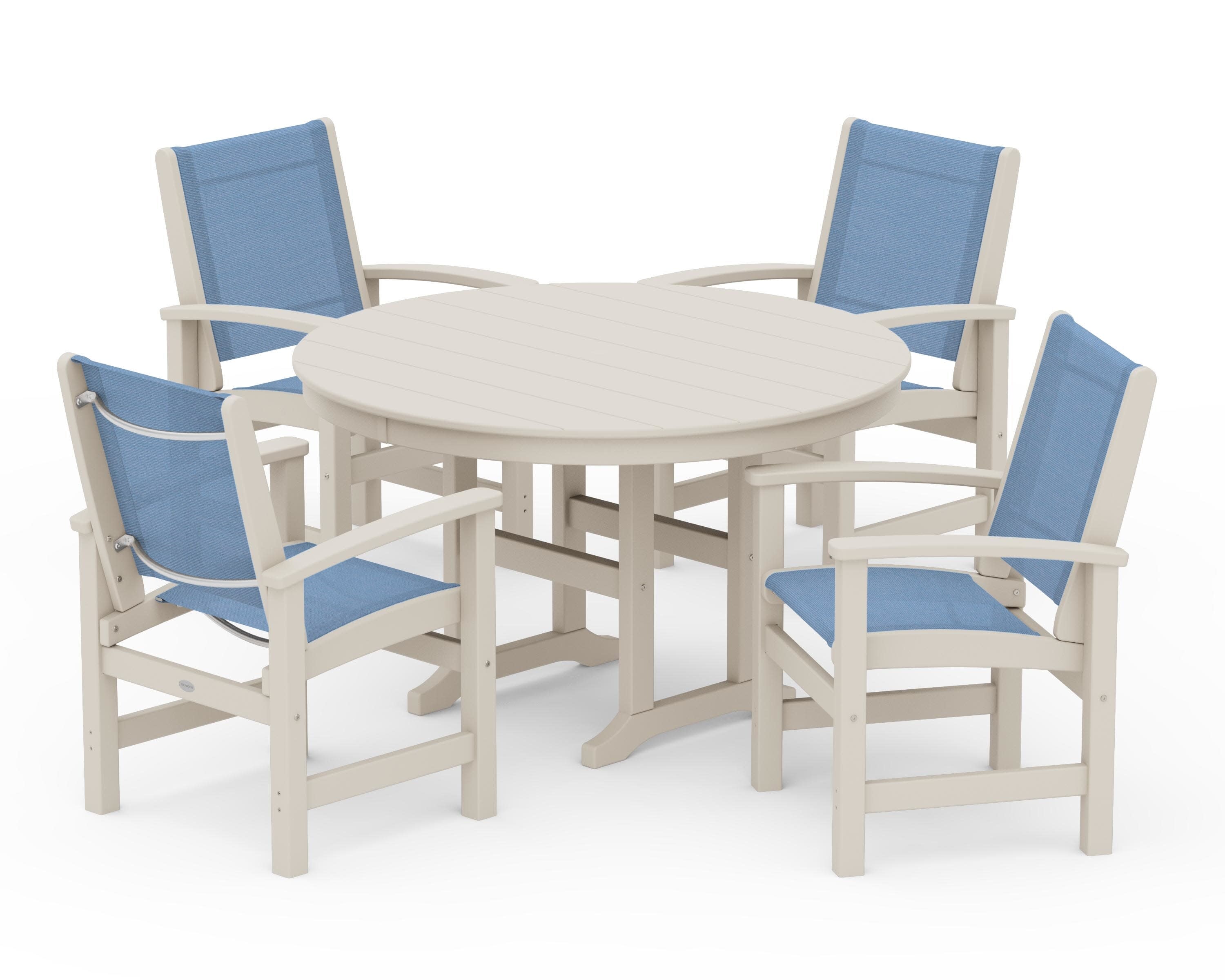 Coastal 5-Piece Round Farmhouse Dining Set in Sand / Poolside Sling
