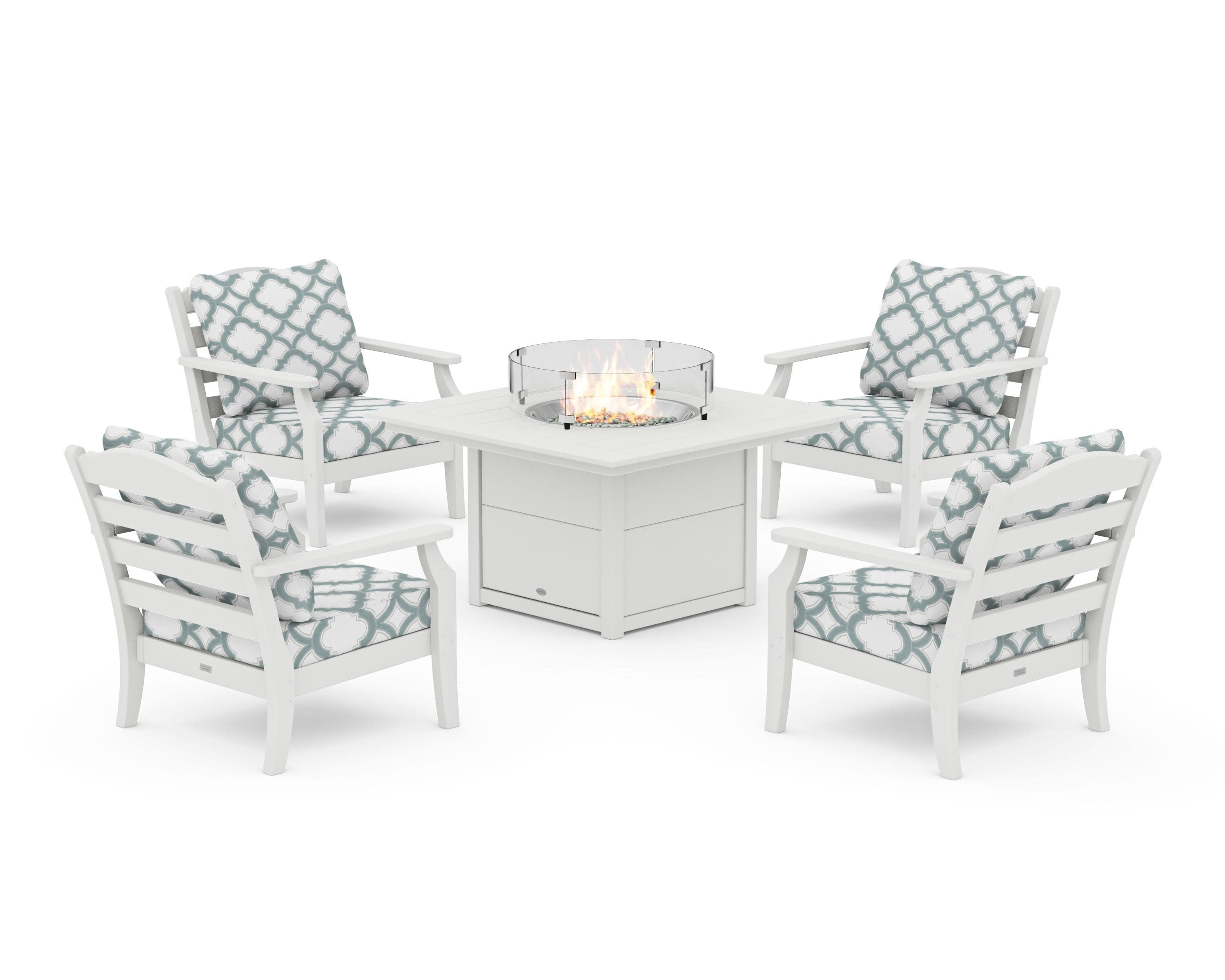 Savannah 5-Piece Deep Seating Set with Fire Pit Table in Vintage White / Trellis Glacier Spa