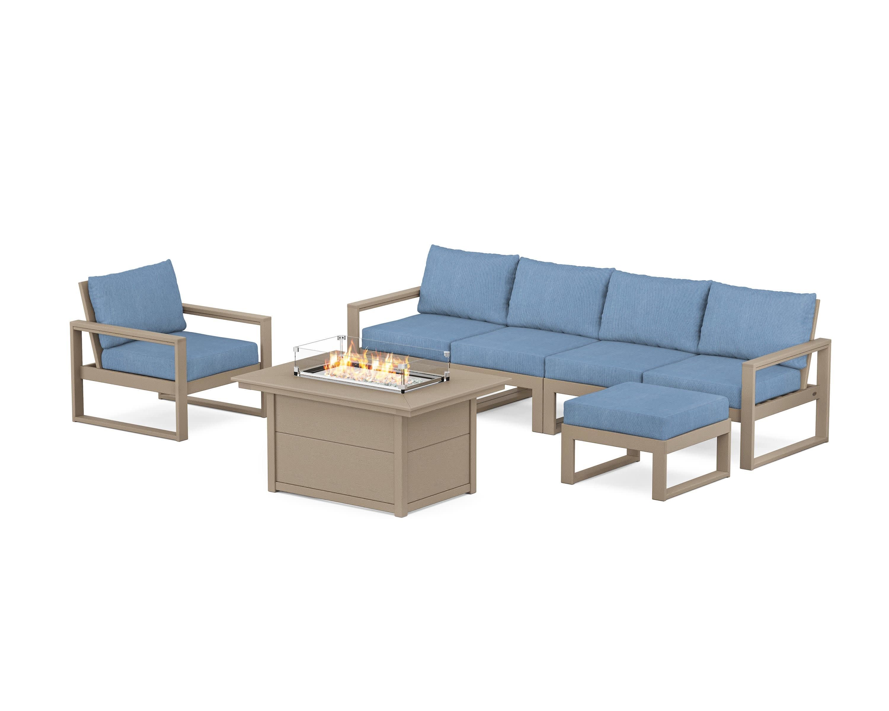 EDGE Sectional Lounge and Fire Pit Set in Vintage Sahara / Sky Blue