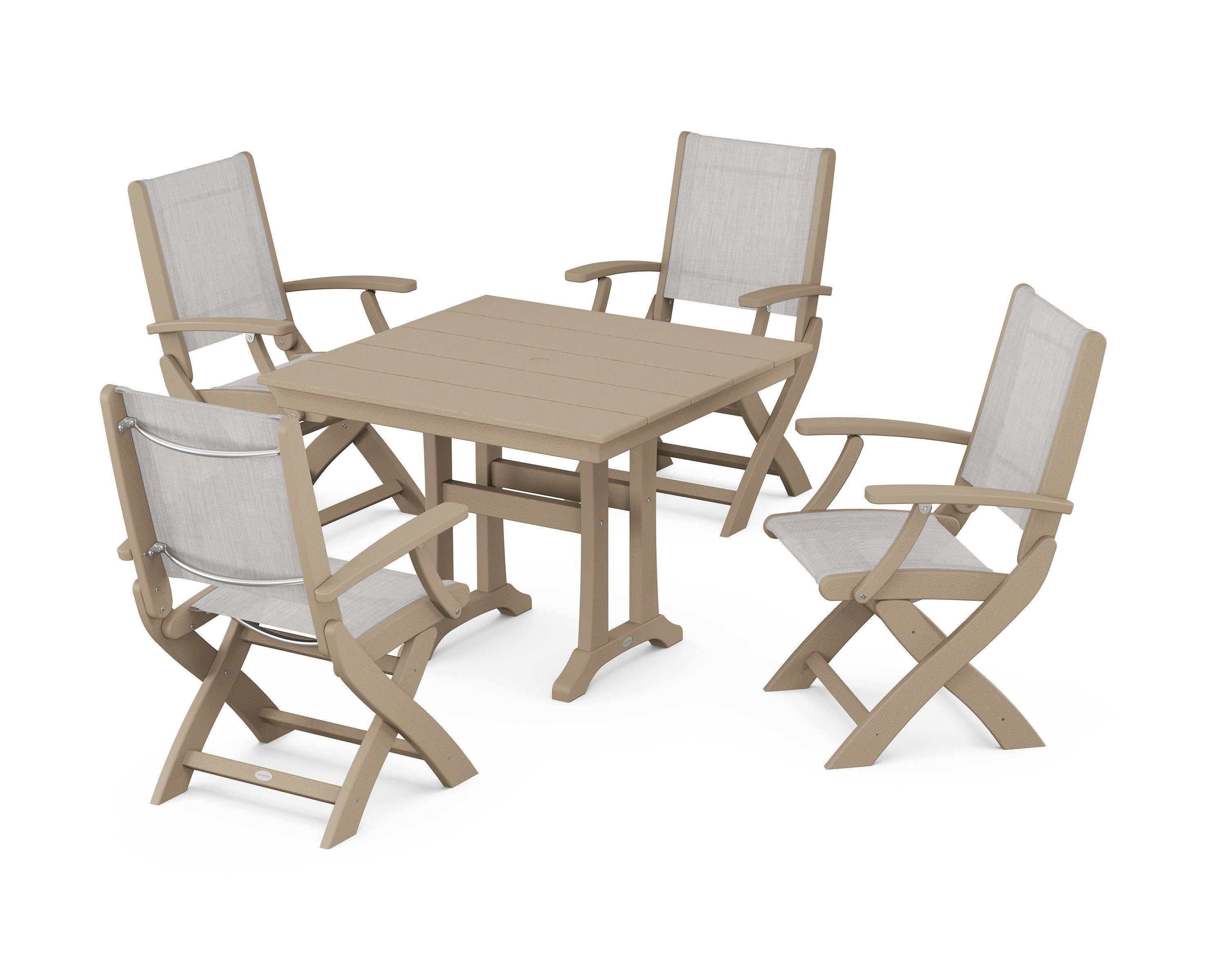 Coastal Folding Chair 5-Piece Farmhouse Dining Set With Trestle Legs in Vintage Sahara / Parchment Sling