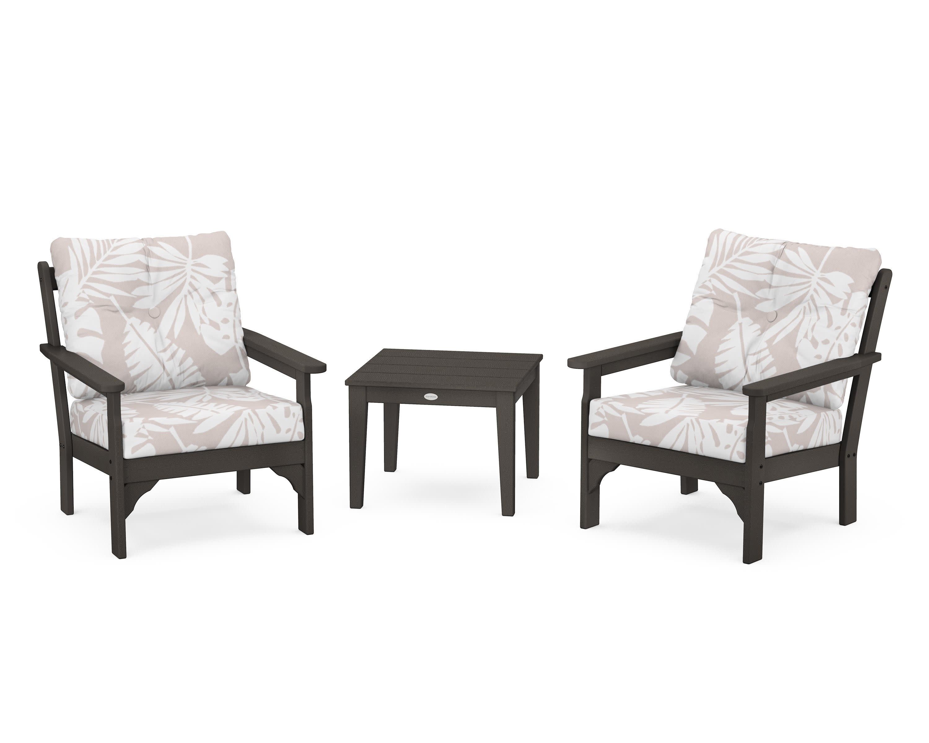 Vineyard 3-Piece Deep Seating Set in Vintage Coffee / Leaf Dune Burlap