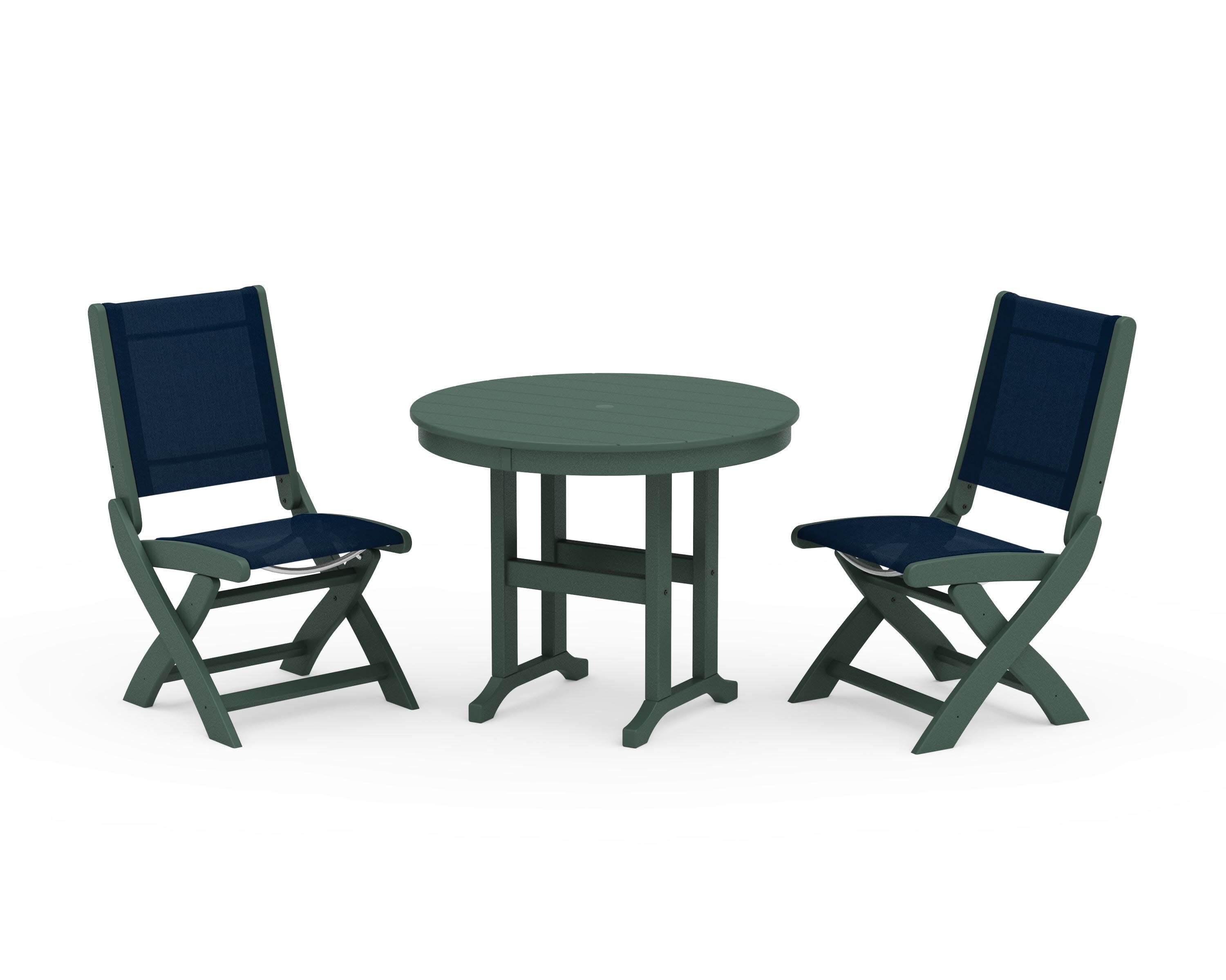 Coastal Folding Side Chair 3-Piece Round Dining Set in Green / Navy Blue Sling