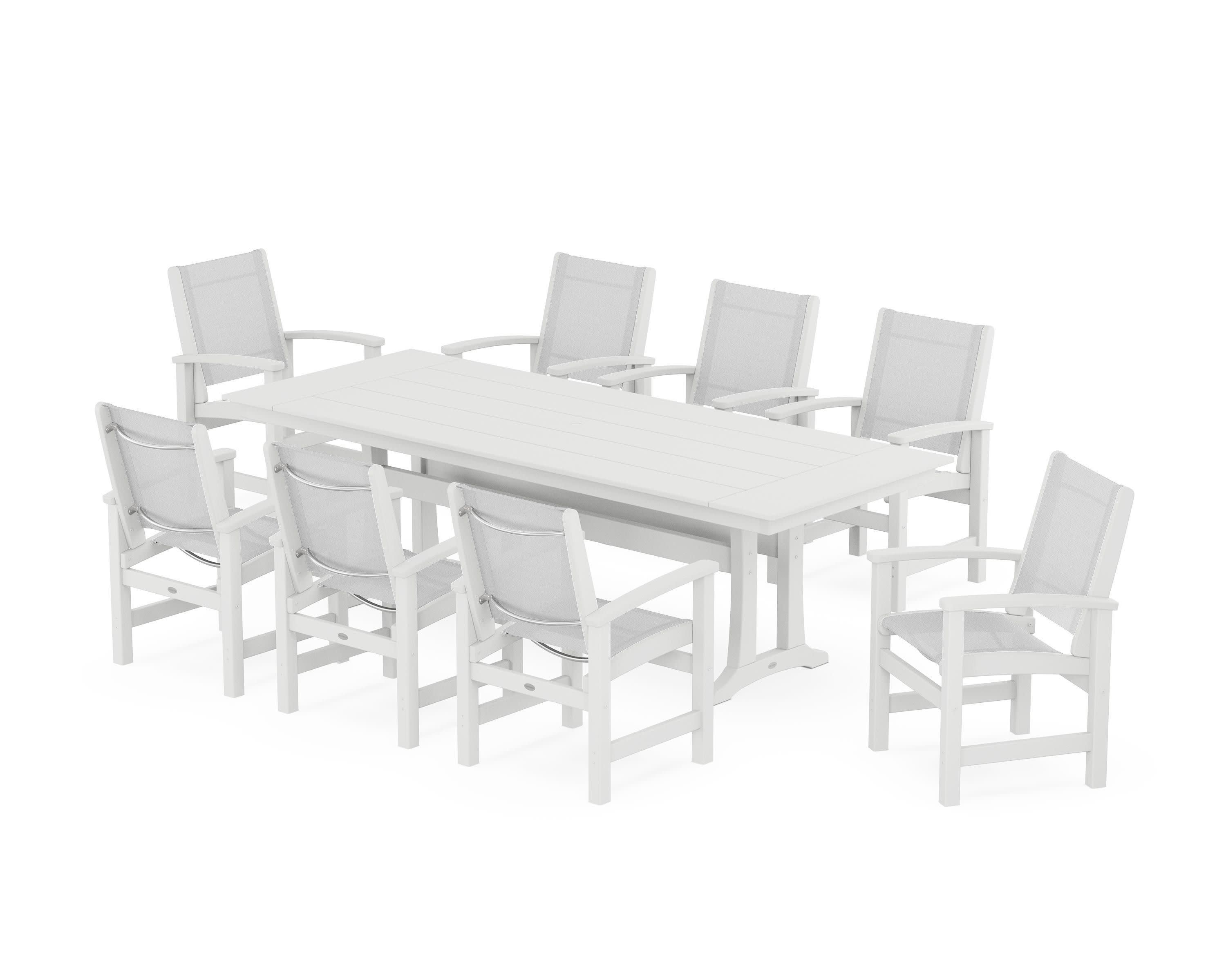Coastal 9-Piece Farmhouse Dining Set with Trestle Legs in White / White Sling