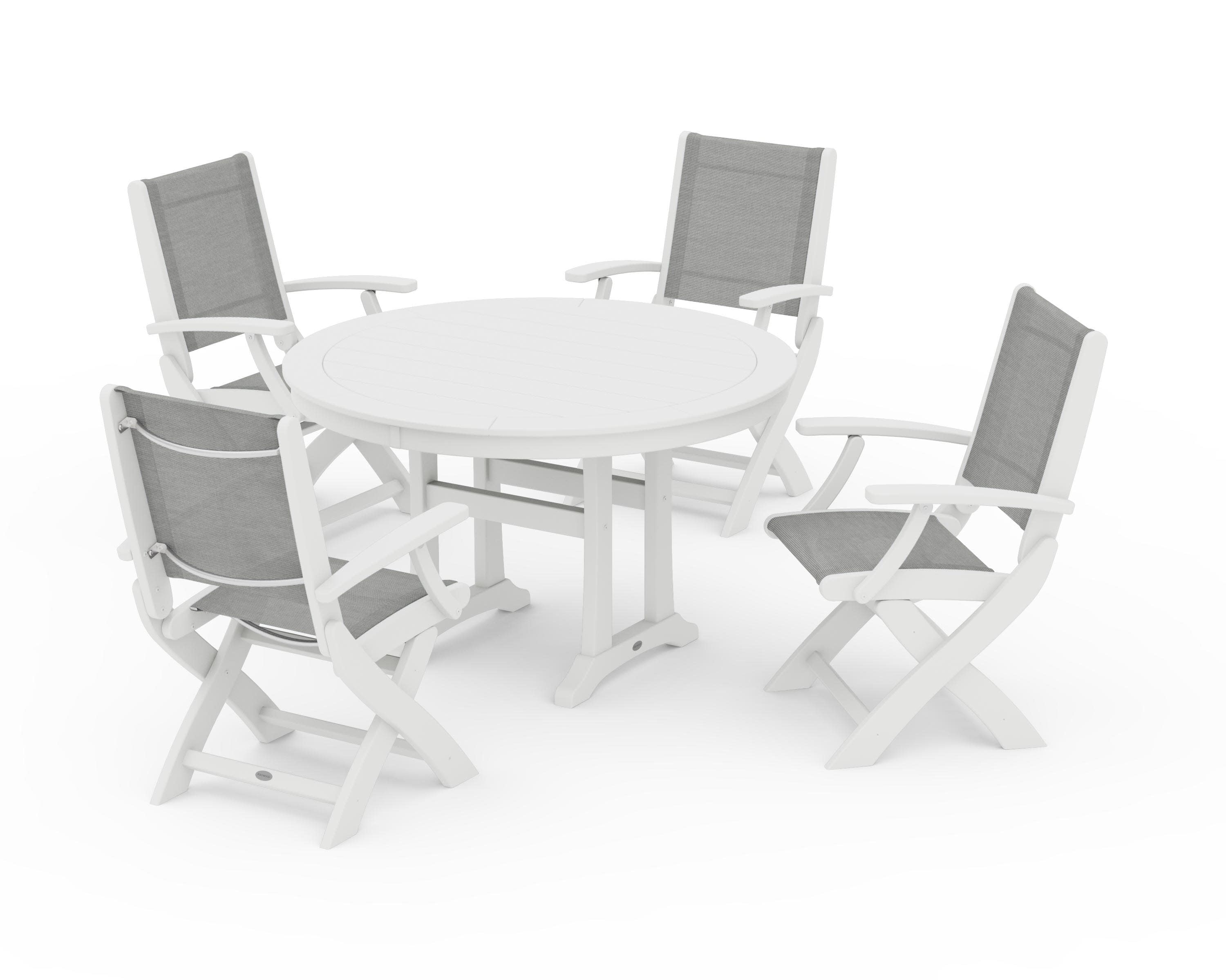 Coastal Folding Chair 5-Piece Round Dining Set with Trestle Legs in White / Metallic Sling