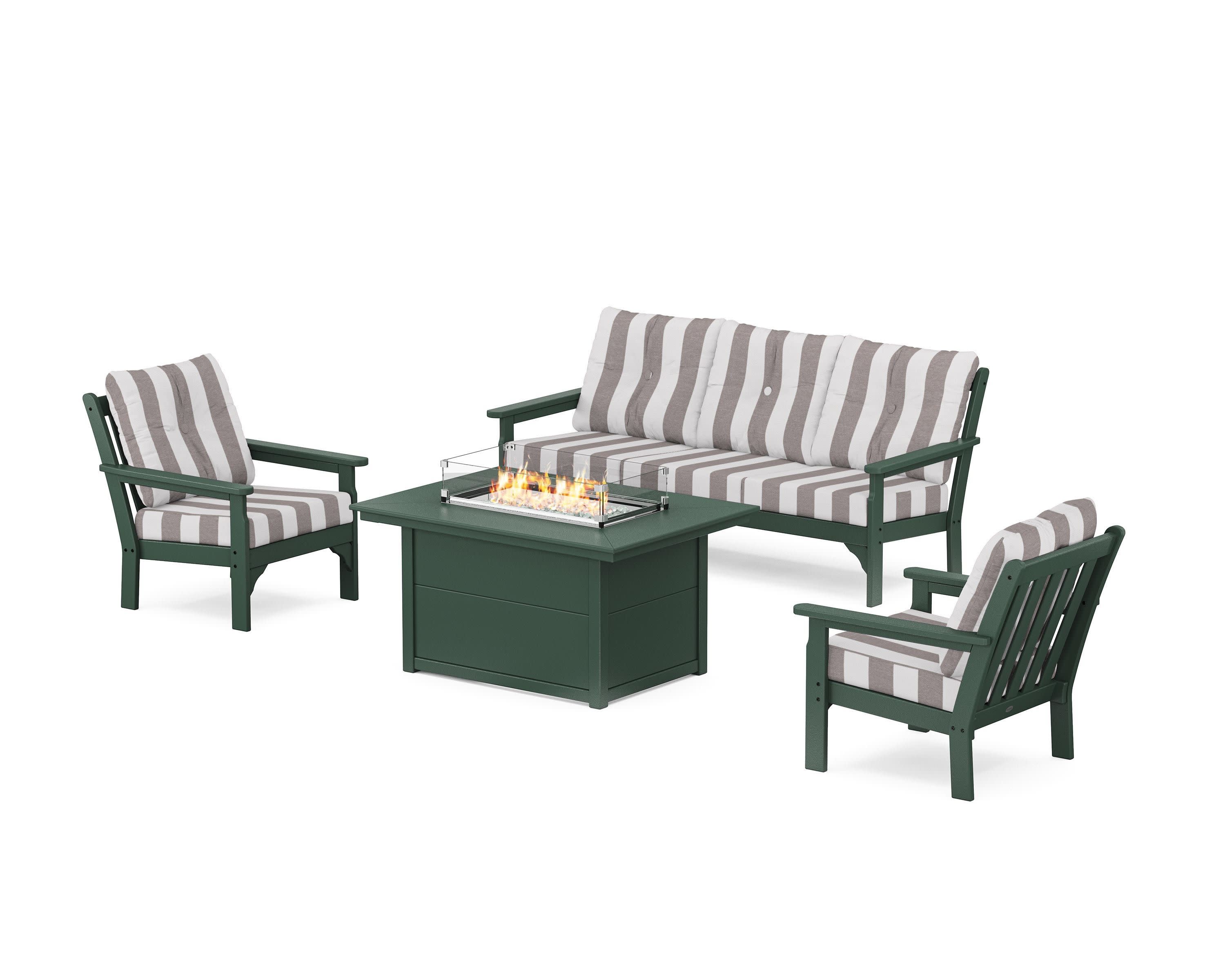 Vineyard Deep Seating Fire Pit Table Set in Green / Cabana Stripe Grey Mist